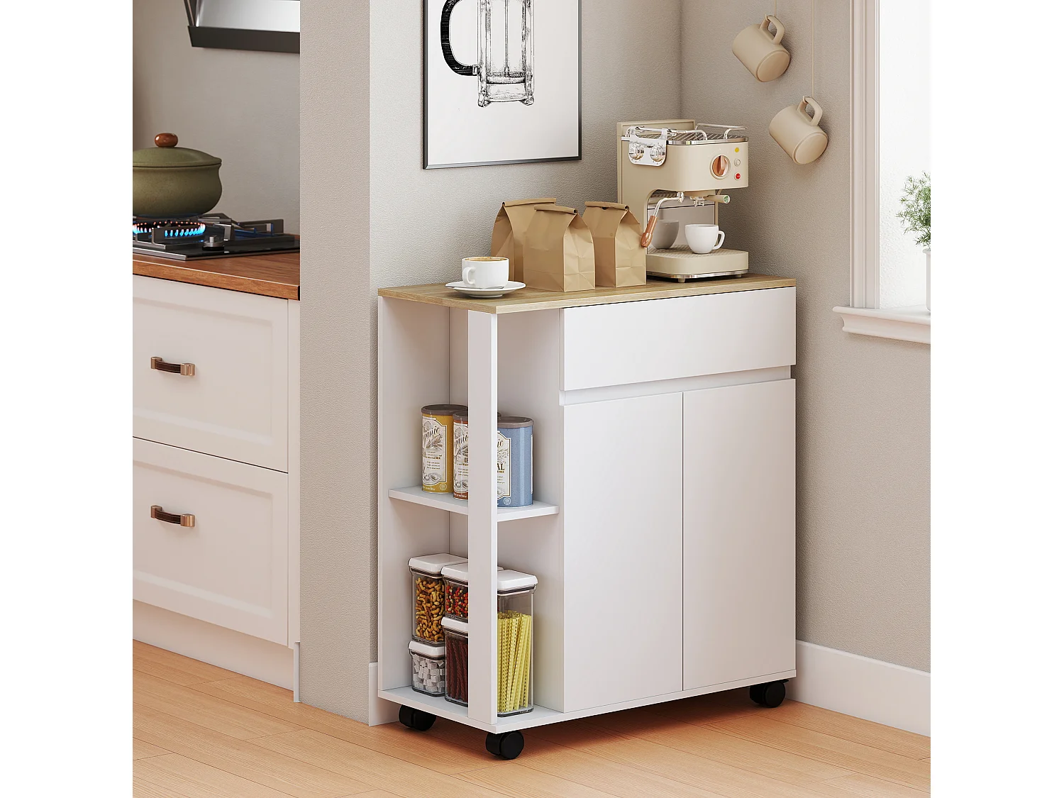 Carrello cucina con cassetto, armadietto e ripiani bianco e rovere