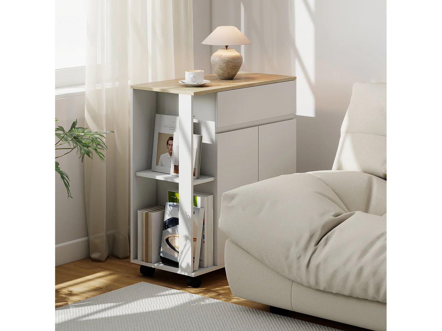 Carrello cucina con cassetto, armadietto e ripiani bianco e rovere