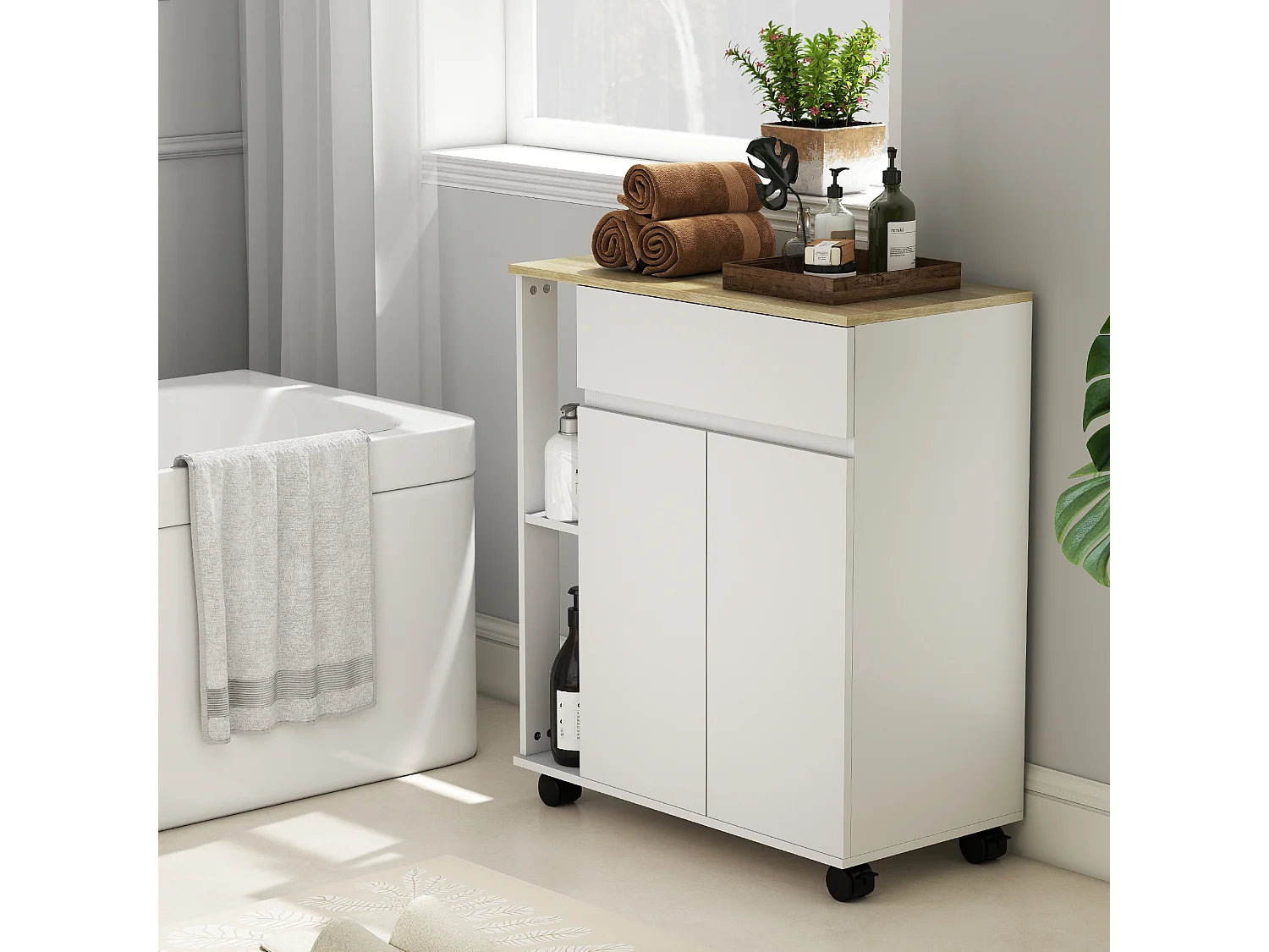 Carrello cucina con cassetto, armadietto e ripiani bianco e rovere