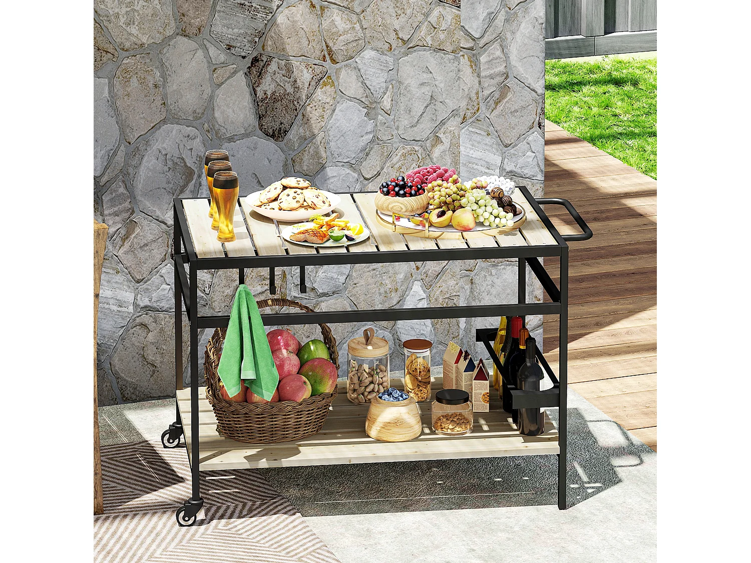 Carrello portavivande da giardino a doghe in legno e acciaio