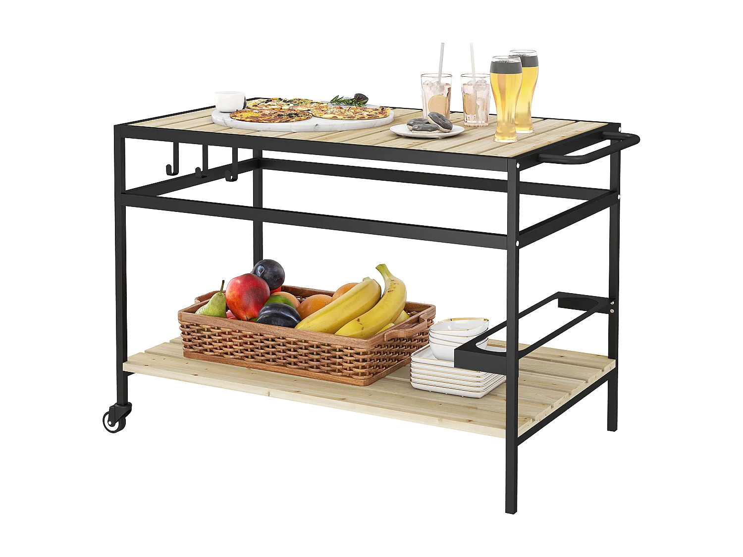 Carrello portavivande da giardino a doghe in legno e acciaio