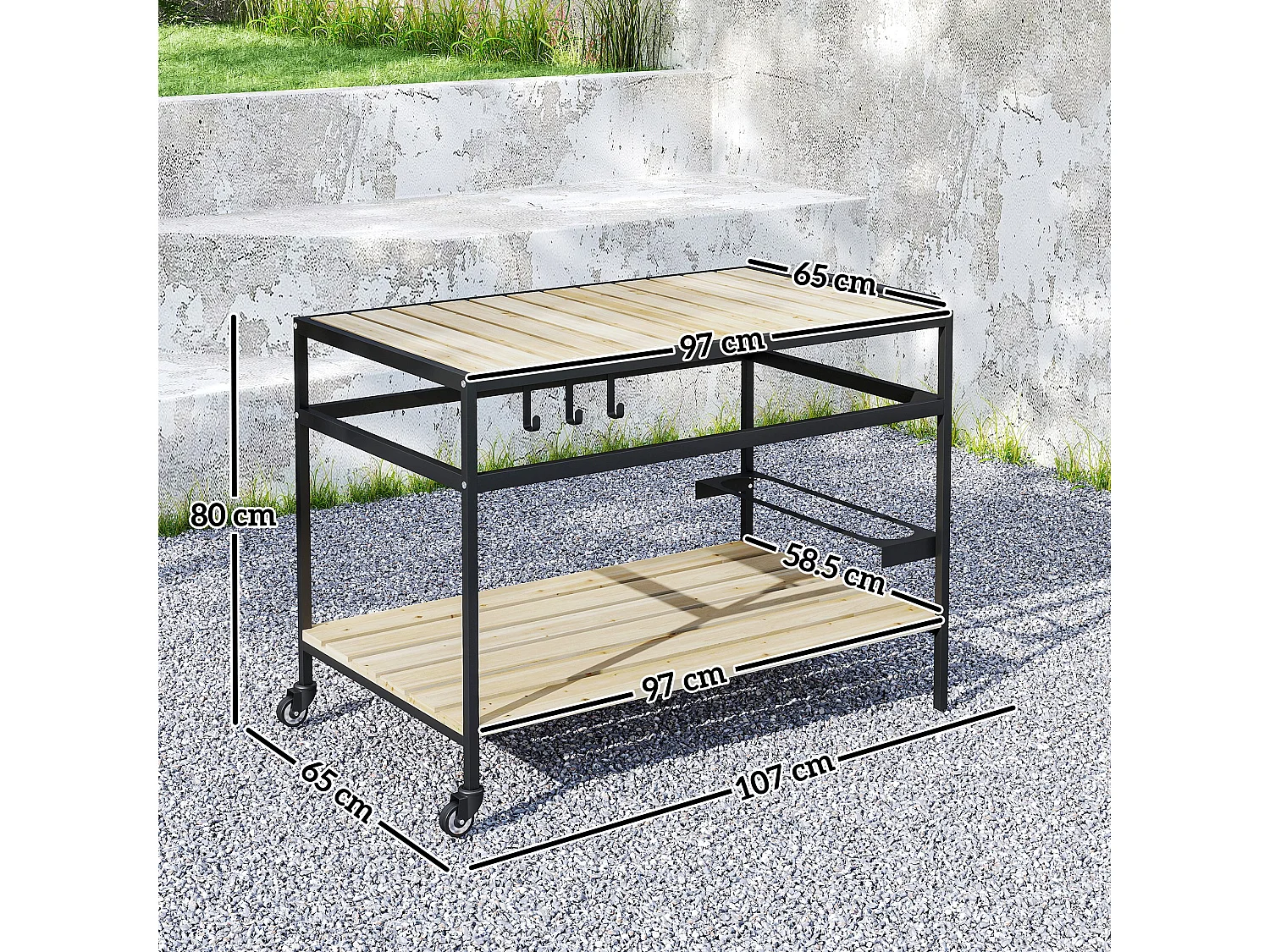 Carrello portavivande da giardino a doghe in legno e acciaio