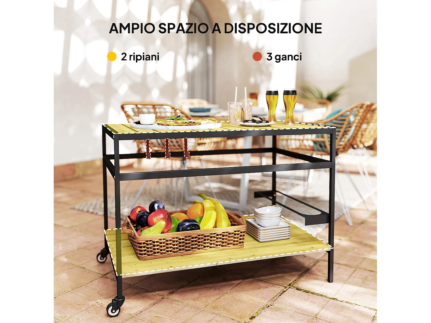 Carrello portavivande da giardino a doghe in legno e acciaio