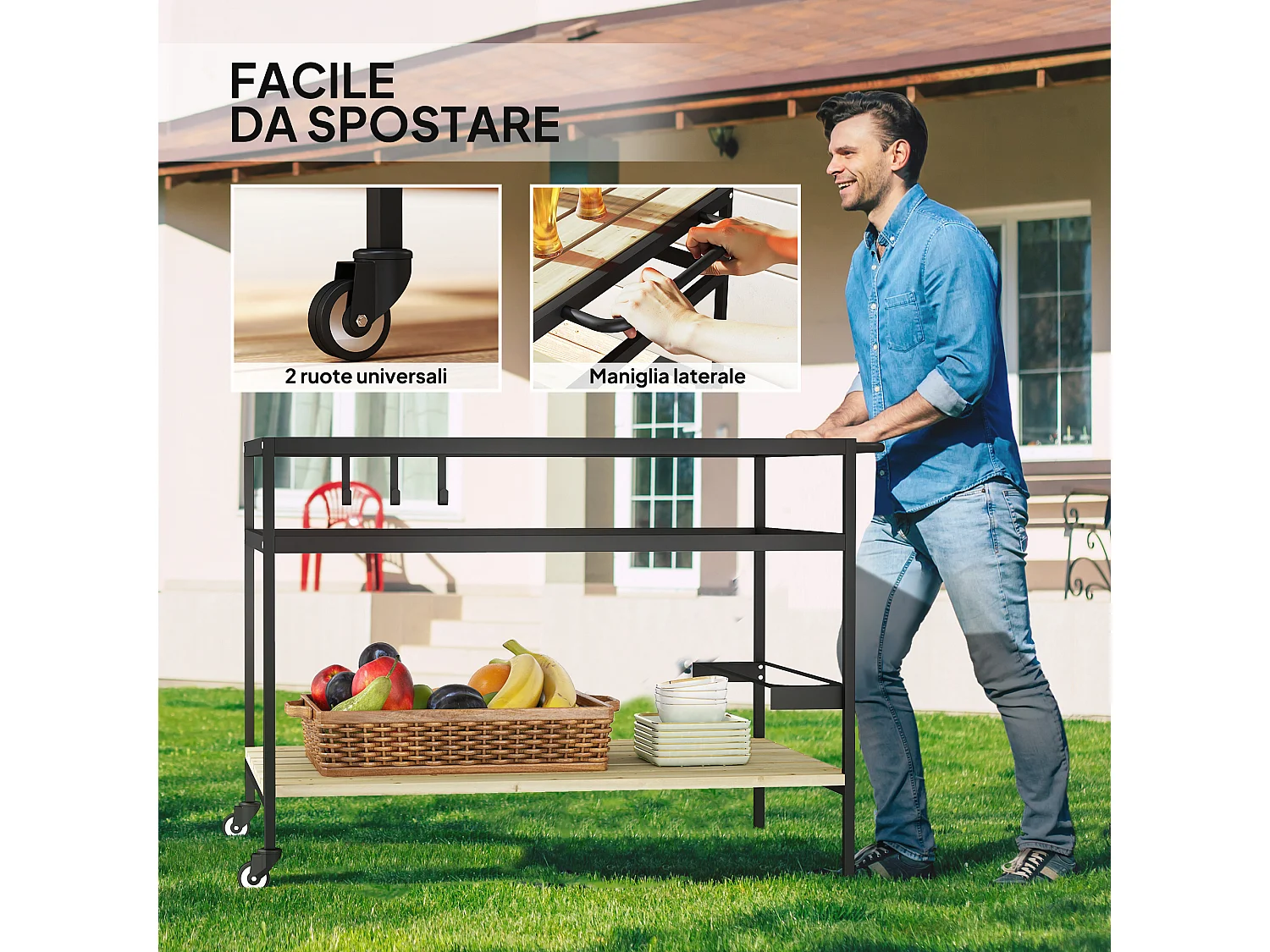 Carrello portavivande da giardino a doghe in legno e acciaio