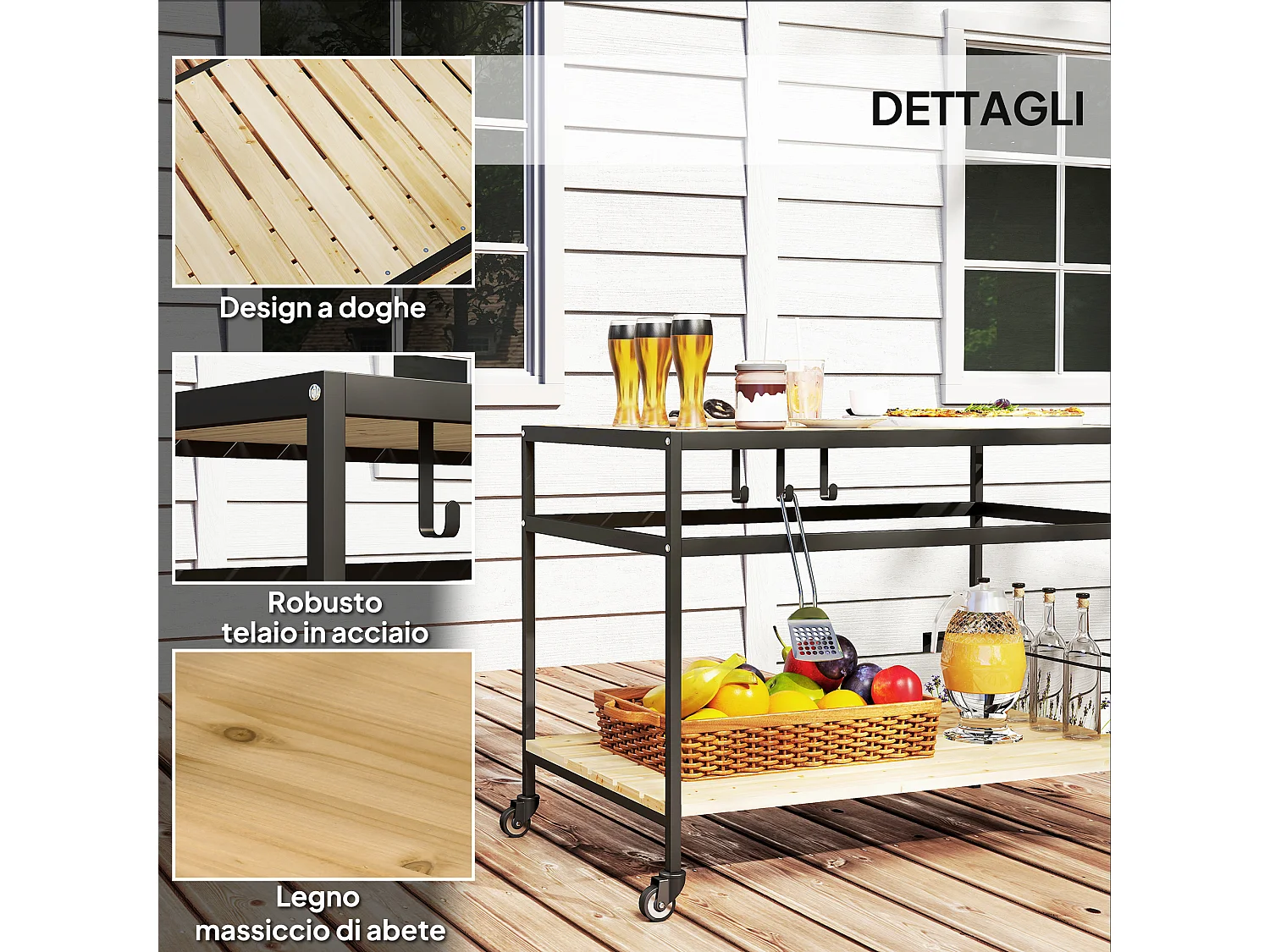 Carrello portavivande da giardino a doghe in legno e acciaio