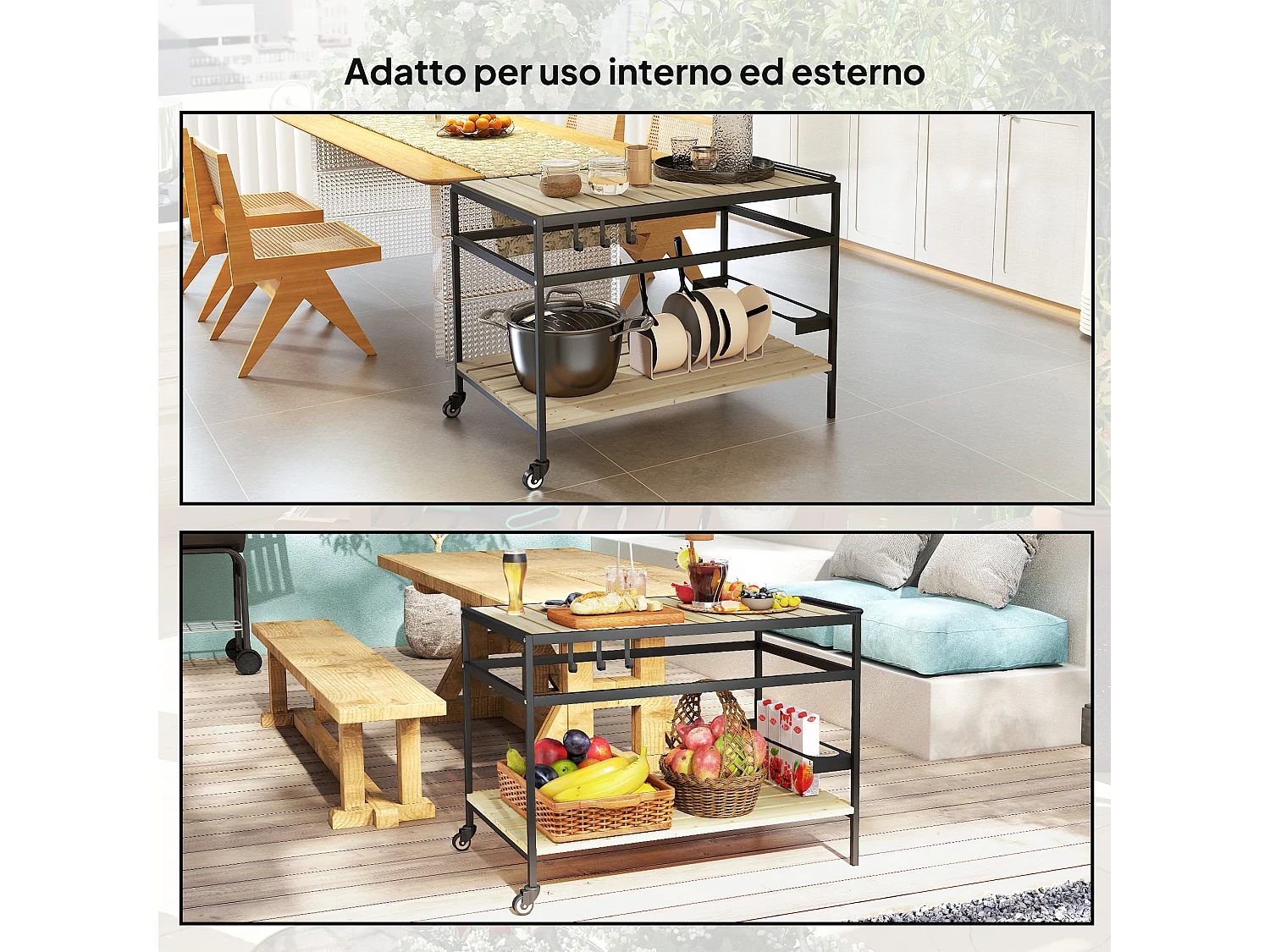 Carrello portavivande da giardino a doghe in legno e acciaio