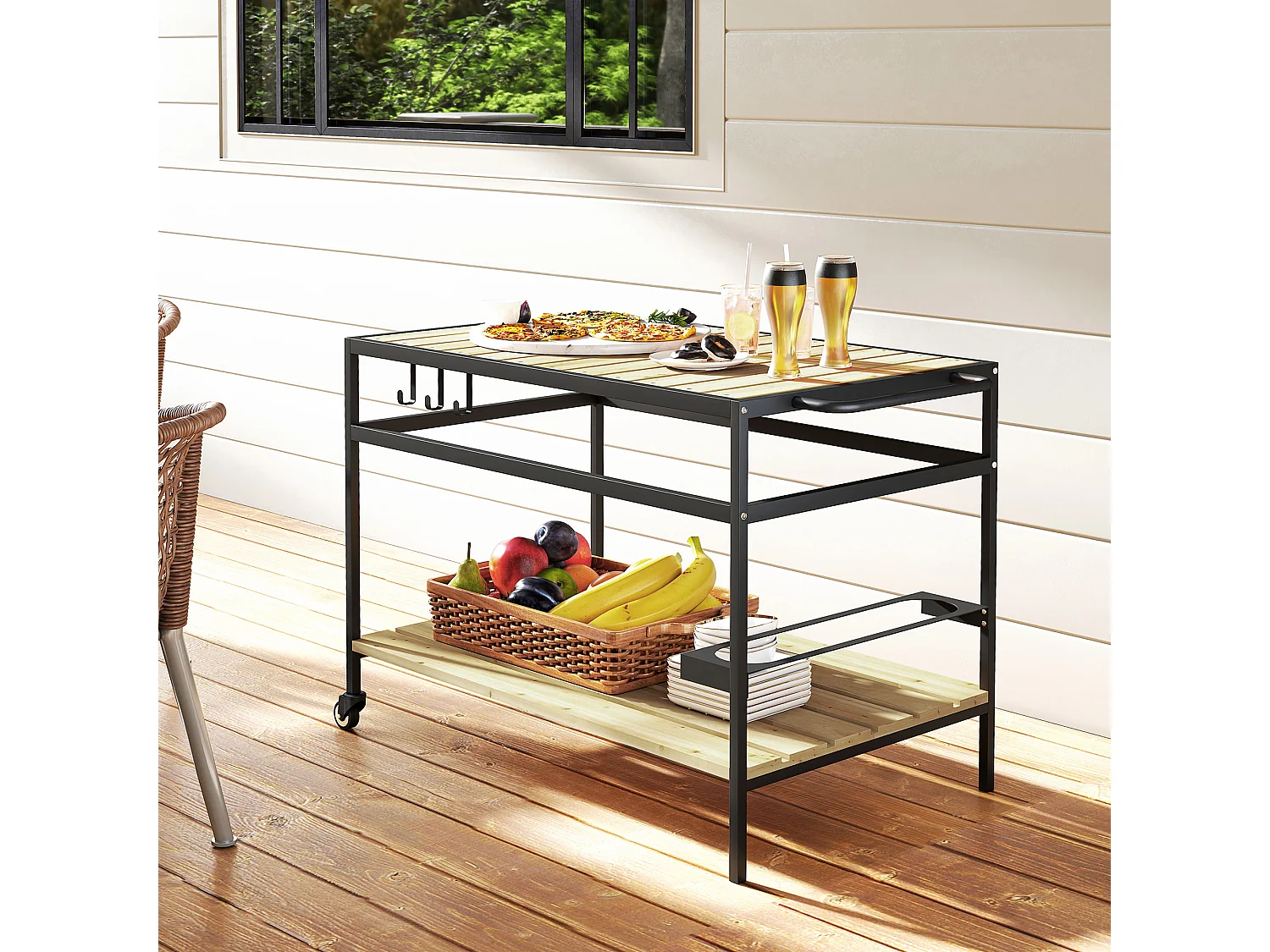 Carrello portavivande da giardino a doghe in legno e acciaio