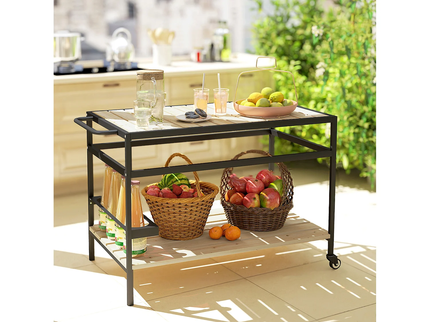 Carrello portavivande da giardino a doghe in legno e acciaio