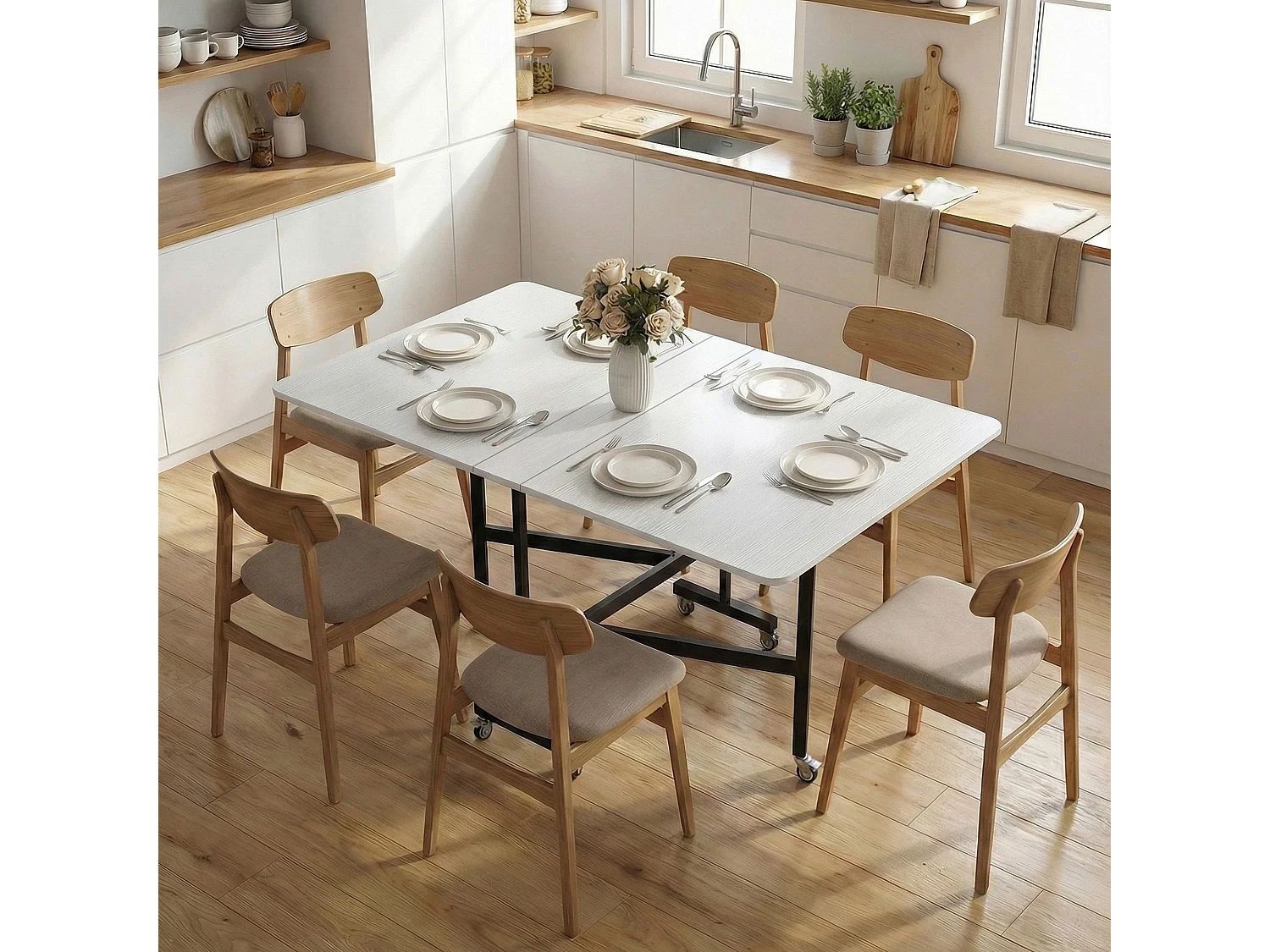 Tavolo da pranzo pieghevole con ruote per 6 persone bianco