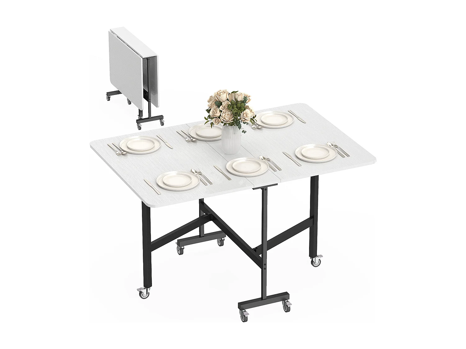 Tavolo da pranzo pieghevole con ruote per 6 persone bianco
