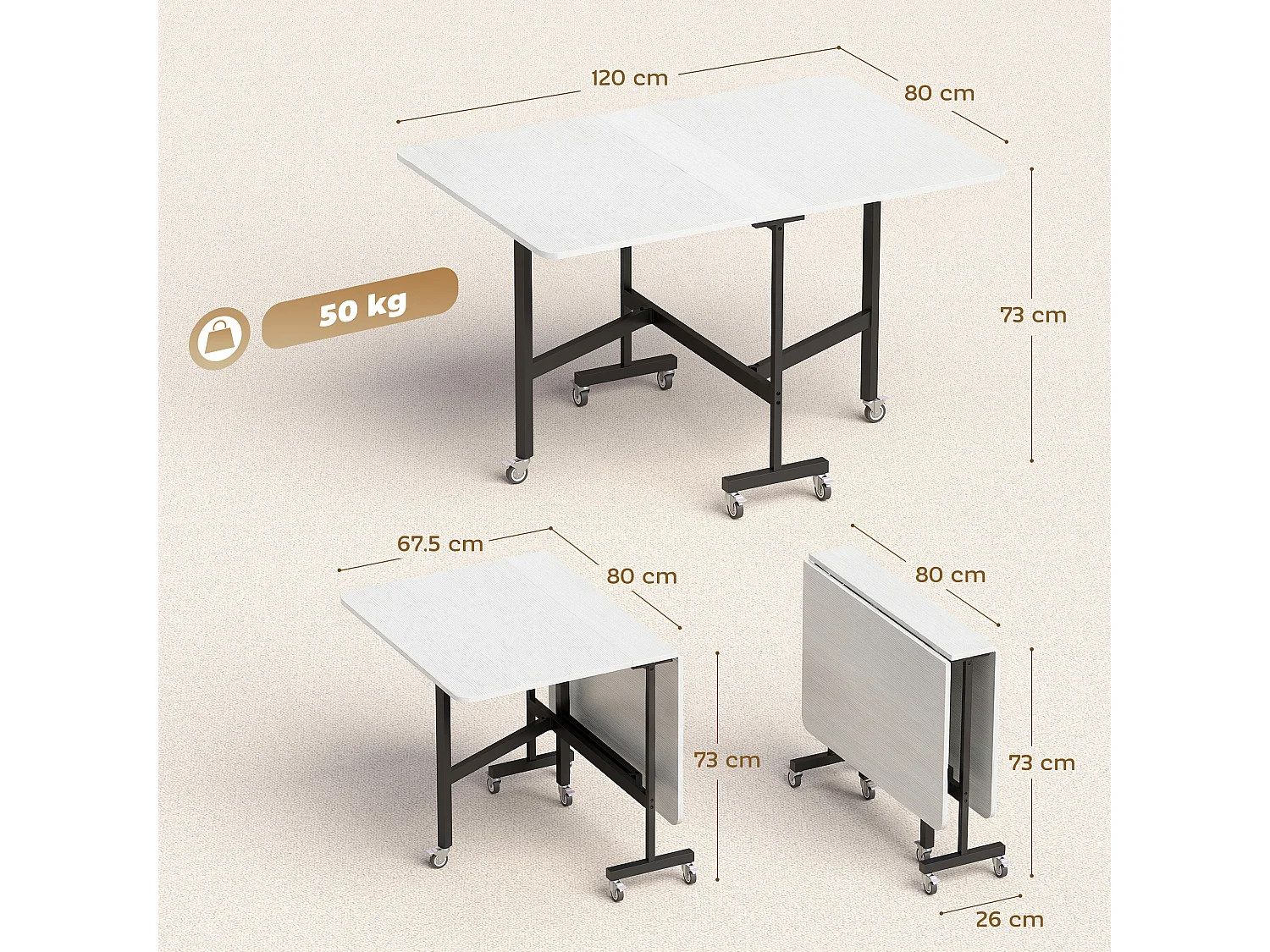 Tavolo da pranzo pieghevole con ruote per 6 persone bianco