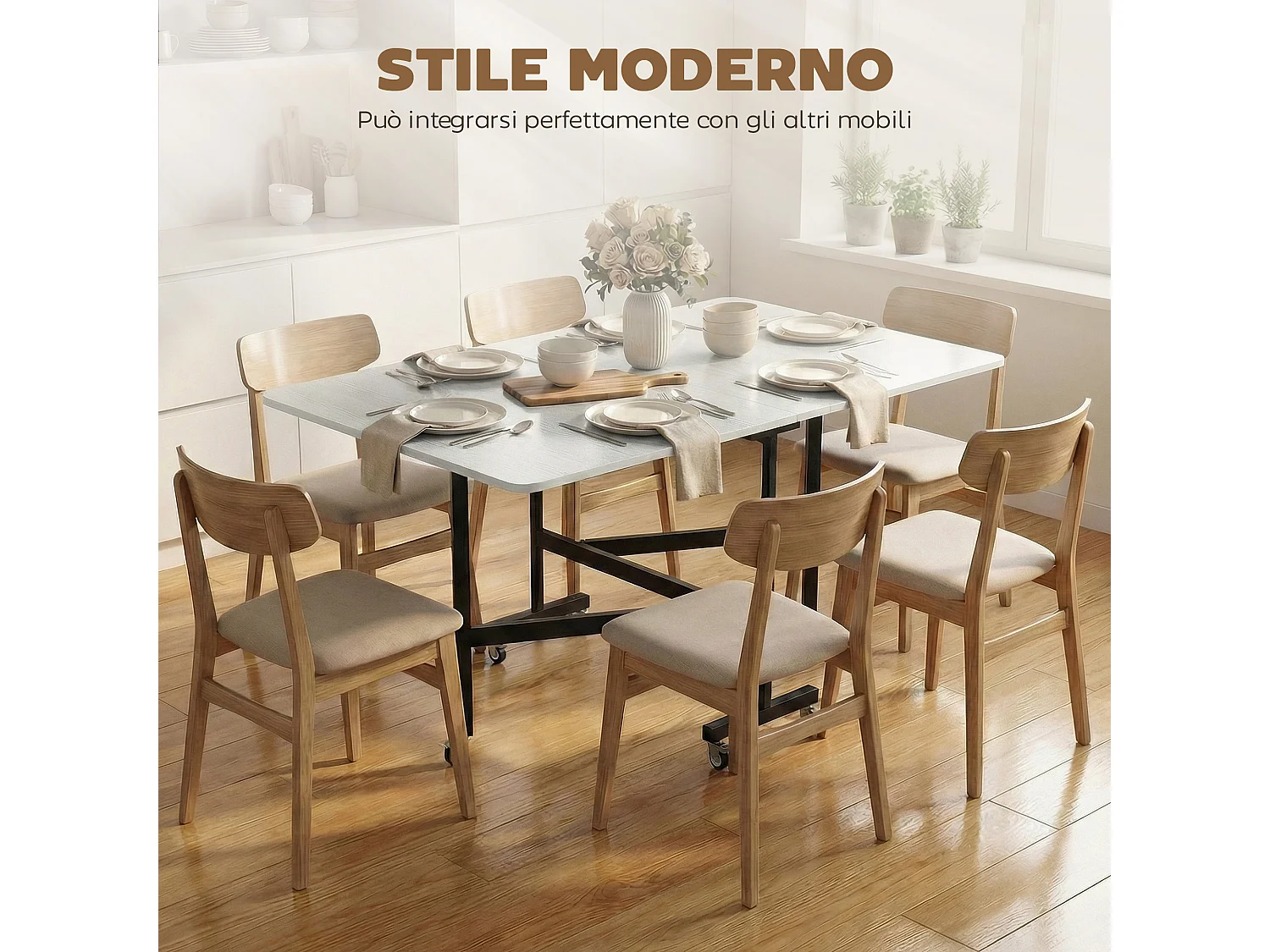 Tavolo da pranzo pieghevole con ruote per 6 persone bianco