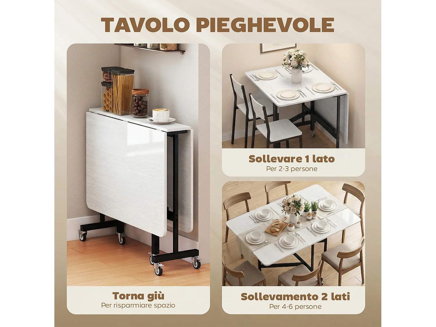 Tavolo da pranzo pieghevole con ruote per 6 persone bianco