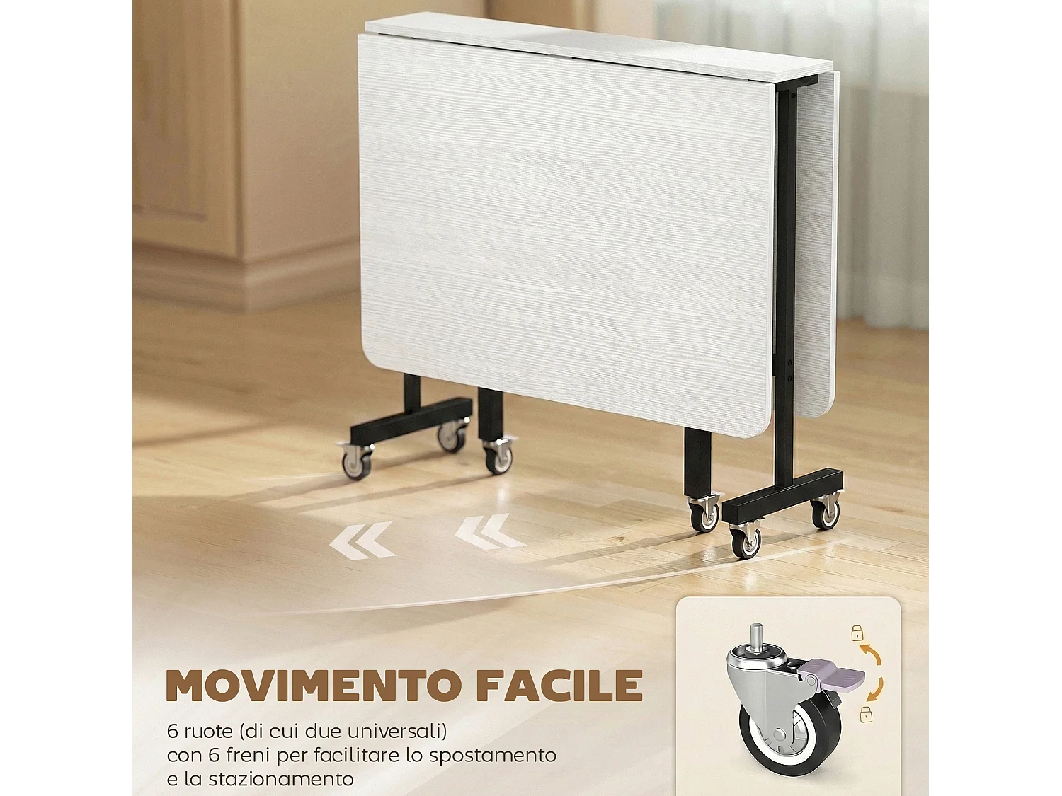 Tavolo da pranzo pieghevole con ruote per 6 persone bianco