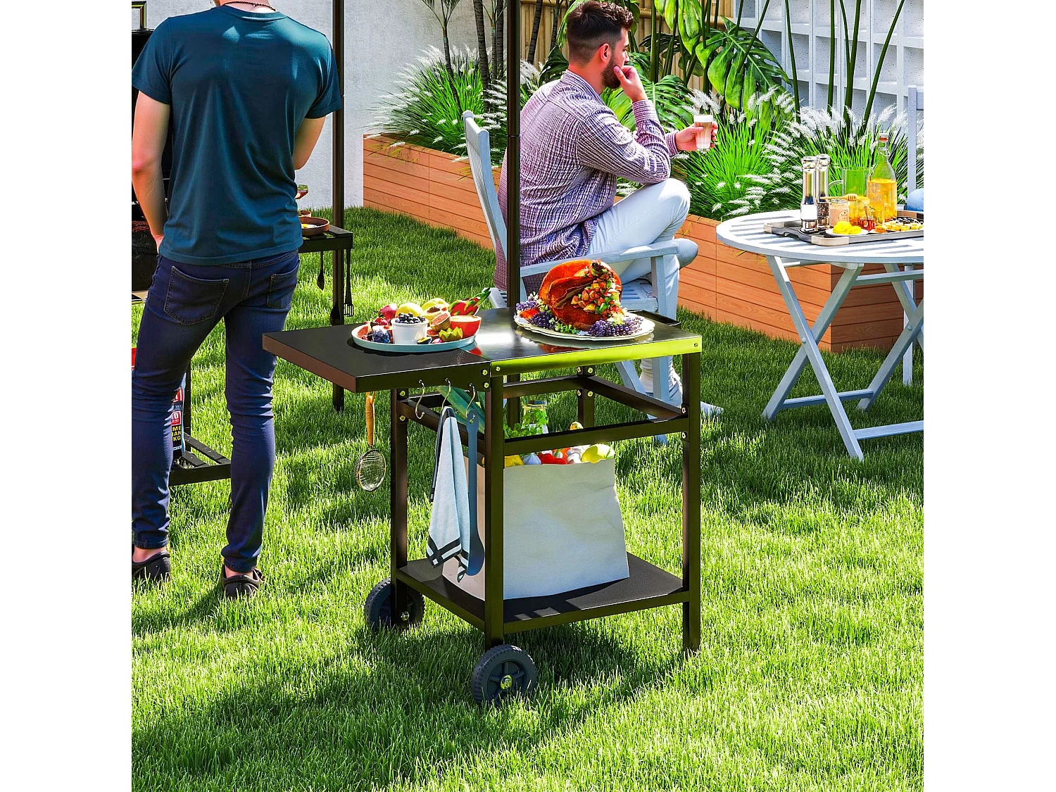 Carrello per barbecue con piano richiudibile e ruote in acciaio nero