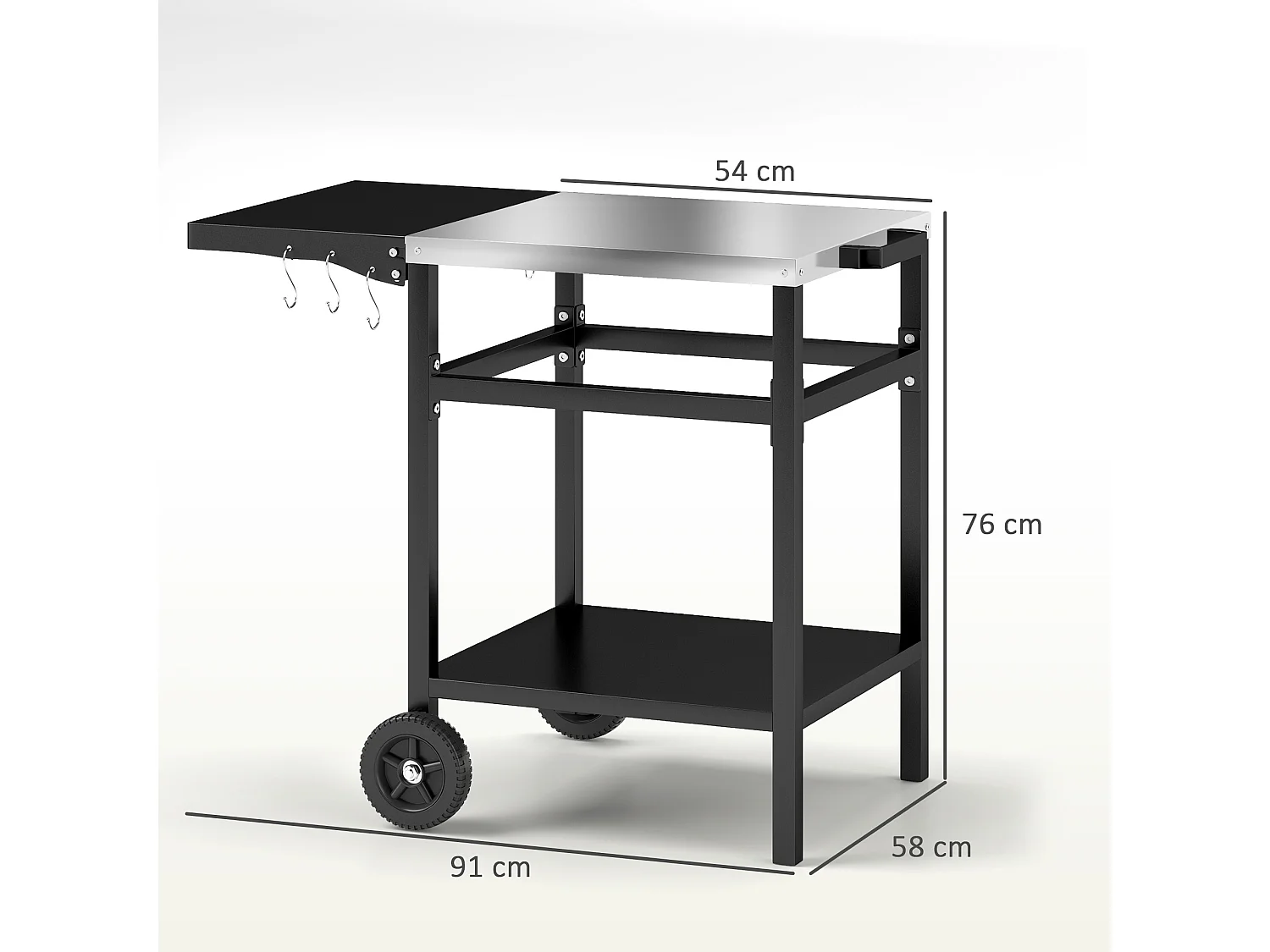 Carrello per barbecue con piano richiudibile e ruote in acciaio nero