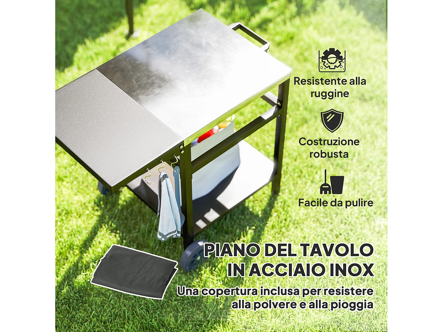 Carrello per barbecue con piano richiudibile e ruote in acciaio nero