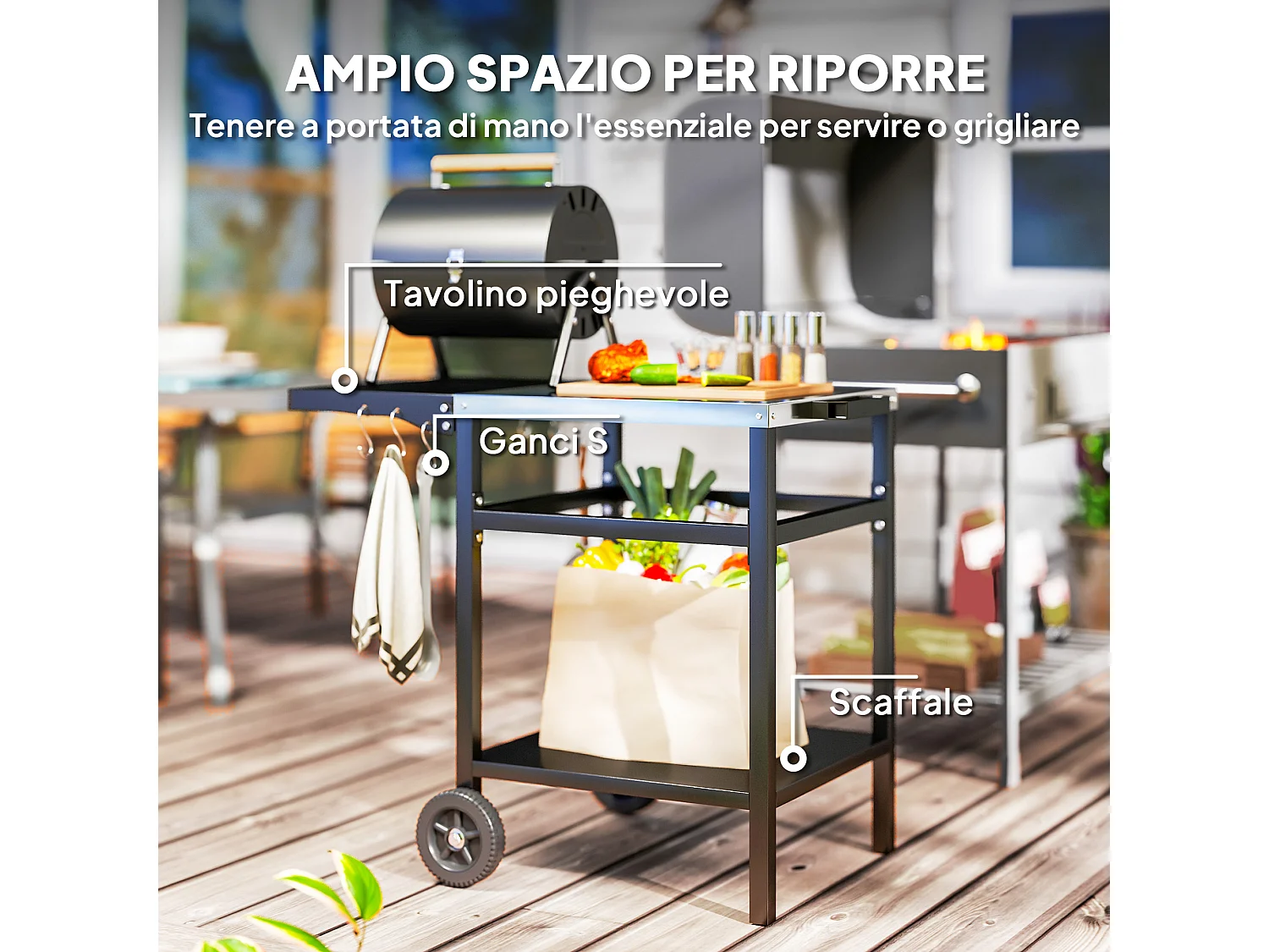 Carrello per barbecue con piano richiudibile e ruote in acciaio nero