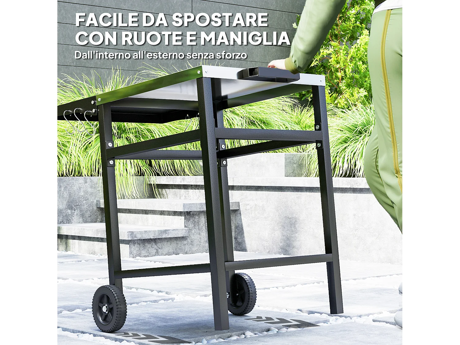 Carrello per barbecue con piano richiudibile e ruote in acciaio nero