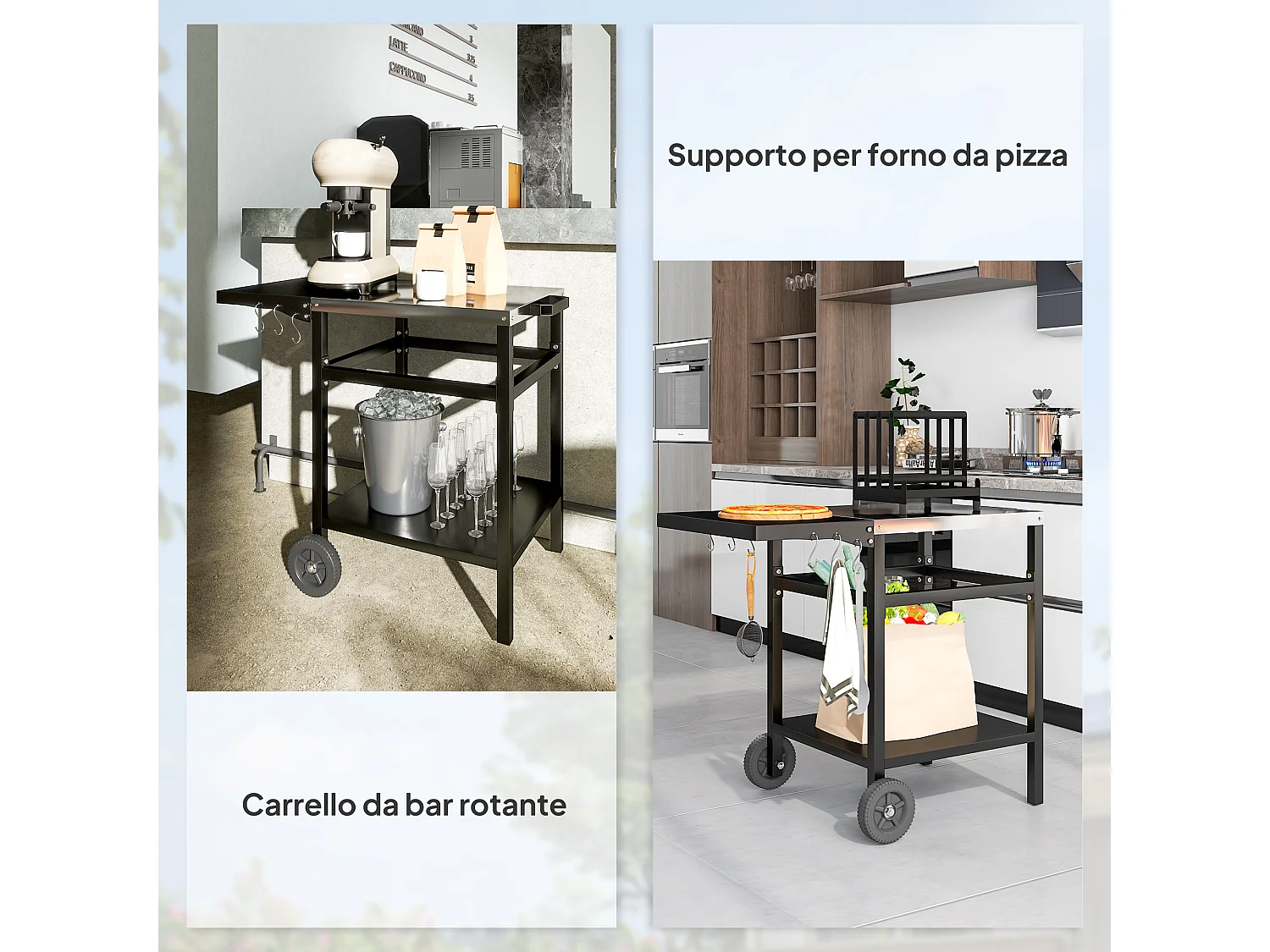Carrello per barbecue con piano richiudibile e ruote in acciaio nero