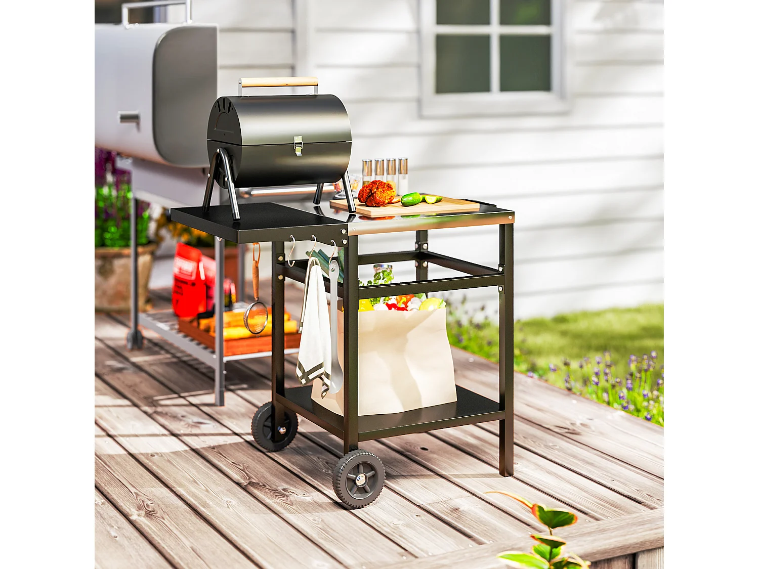 Carrello per barbecue con piano richiudibile e ruote in acciaio nero