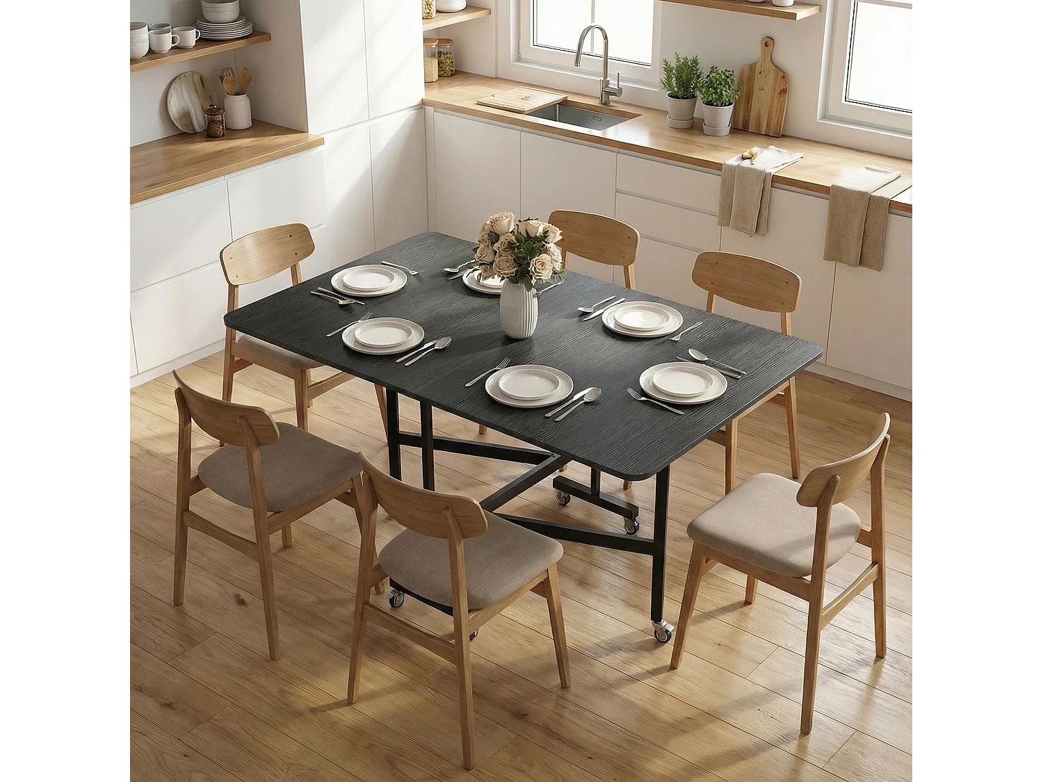 Tavolo da pranzo pieghevole con ruote per 6 persone nero