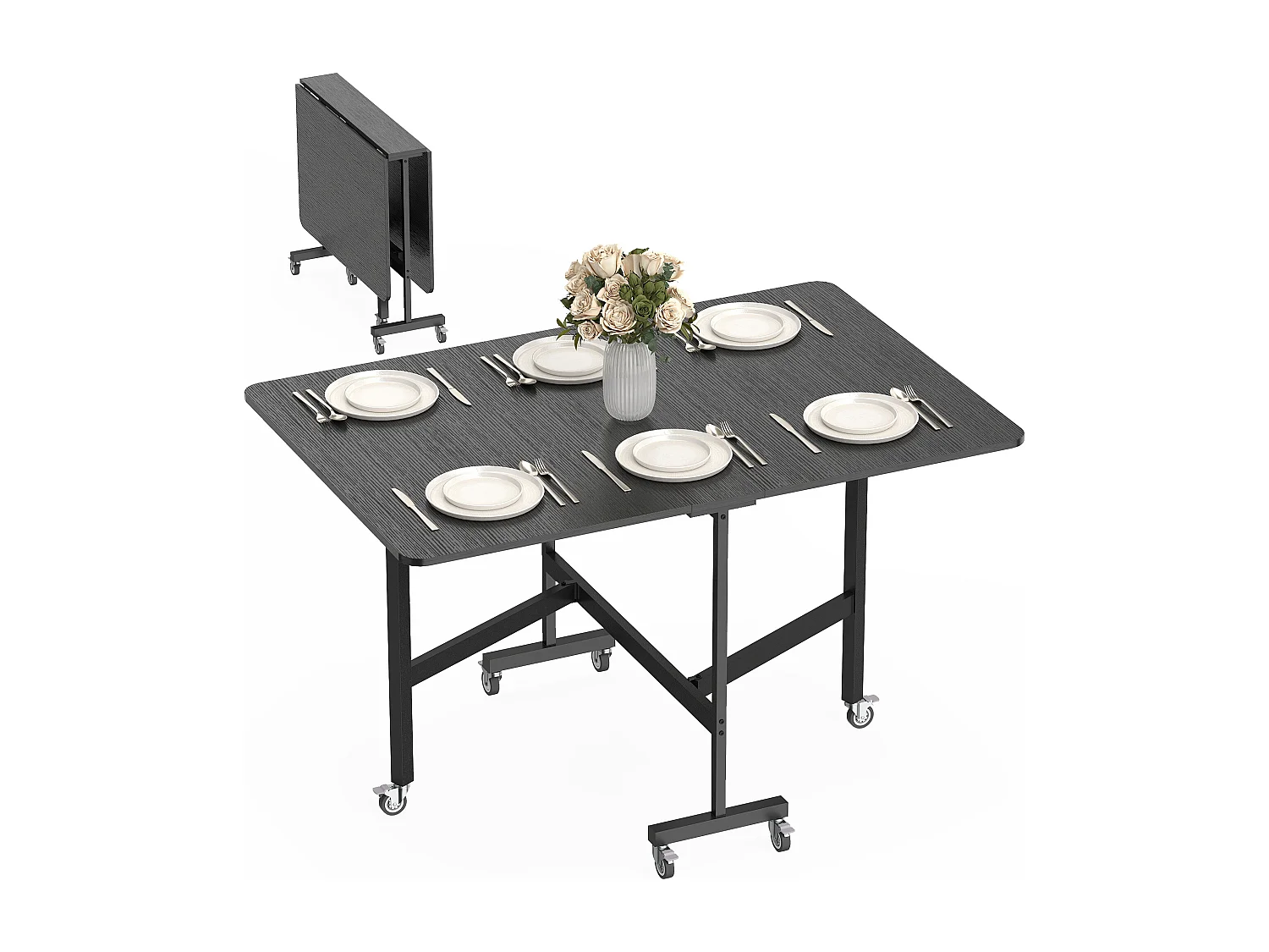 Tavolo da pranzo pieghevole con ruote per 6 persone nero
