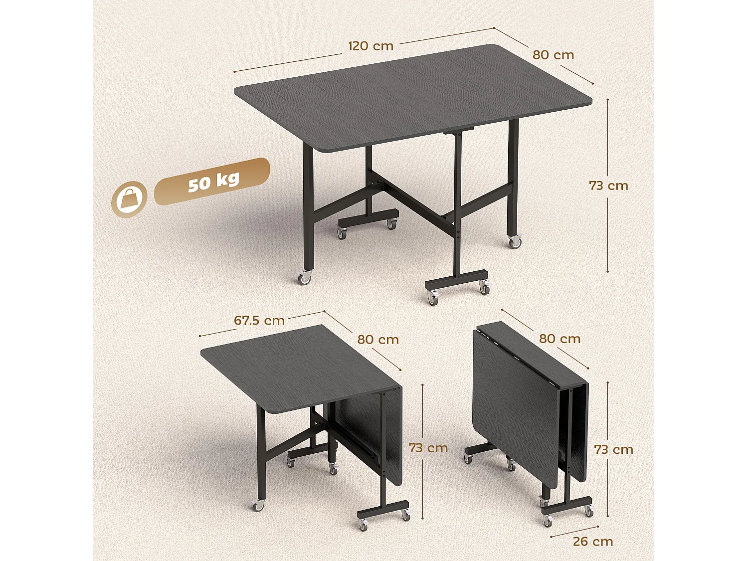 Tavolo da pranzo pieghevole con ruote per 6 persone nero