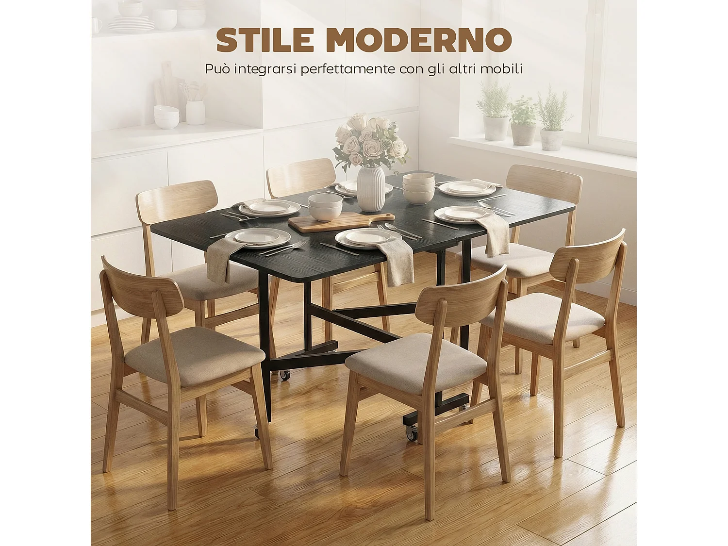 Tavolo da pranzo pieghevole con ruote per 6 persone nero