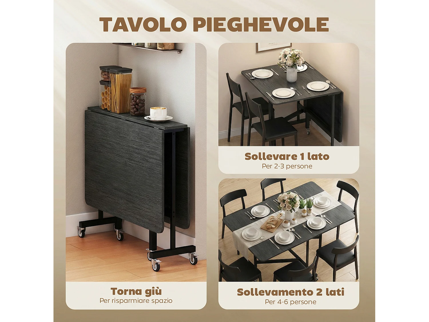 Tavolo da pranzo pieghevole con ruote per 6 persone nero