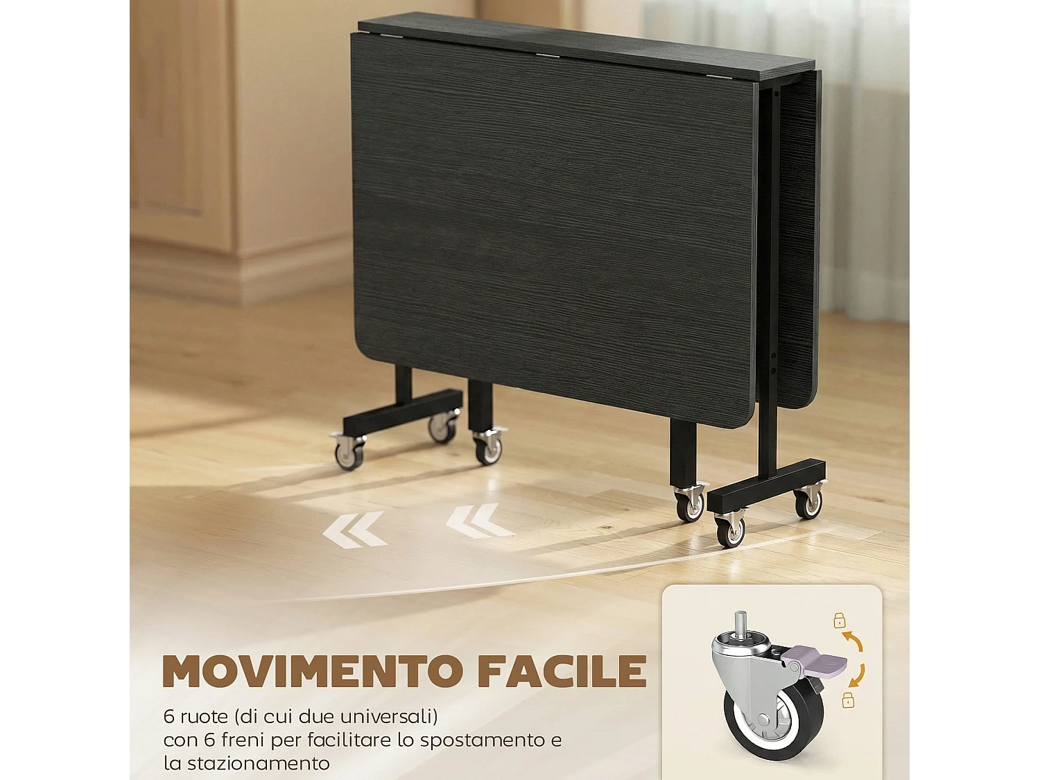 Tavolo da pranzo pieghevole con ruote per 6 persone nero