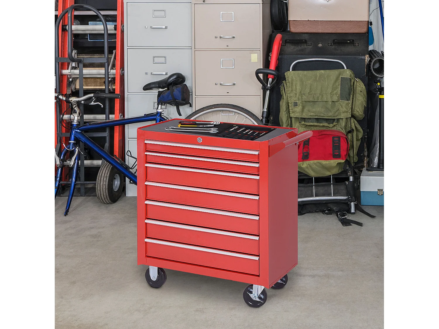 Carrello porta attrezzi con 7 cassetti, ruote con freno, rosso