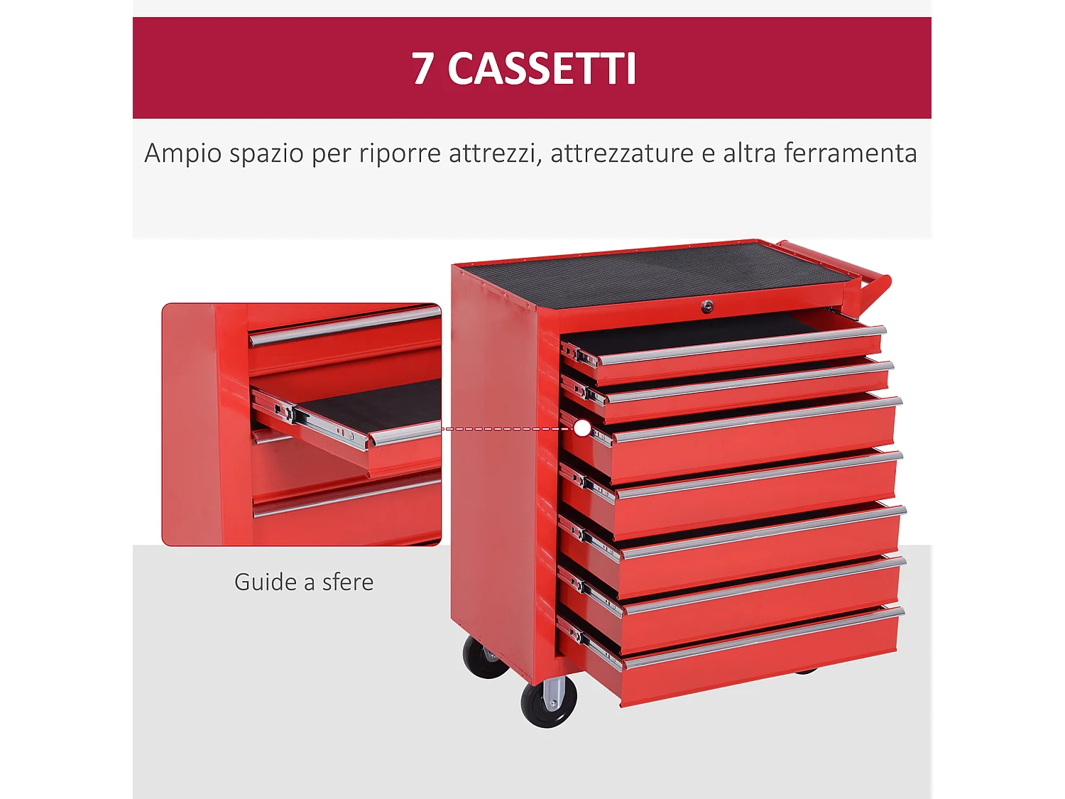 Carrello porta attrezzi con 7 cassetti, ruote con freno, rosso