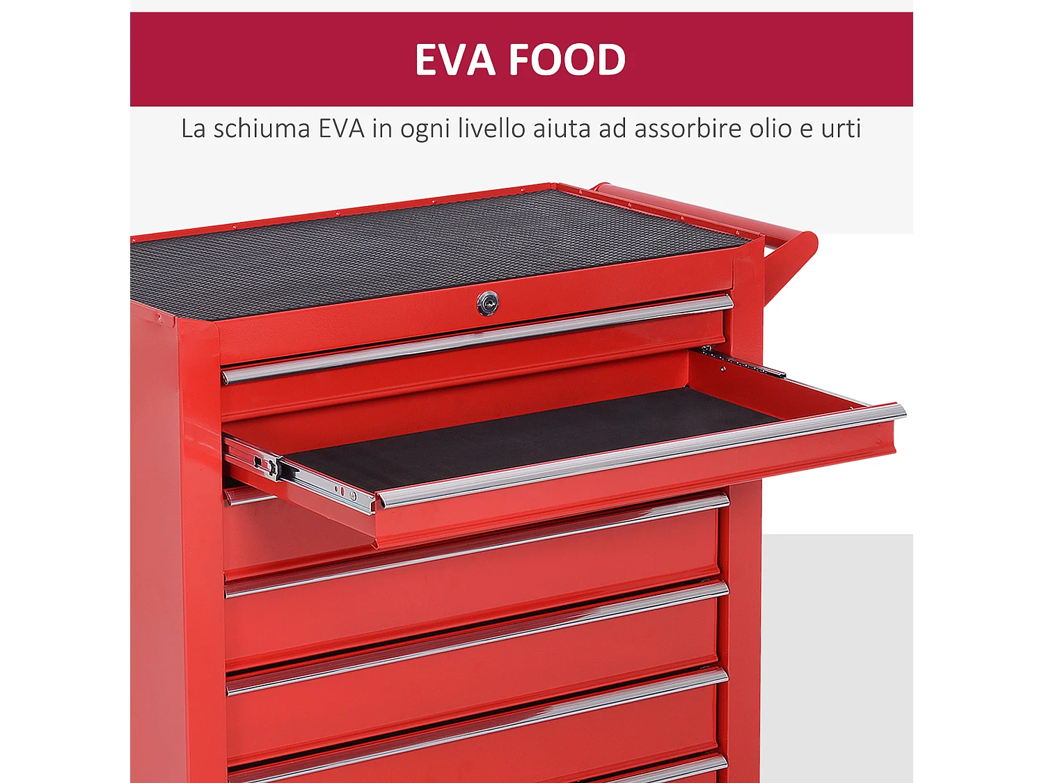 Carrello porta attrezzi con 7 cassetti, ruote con freno, rosso