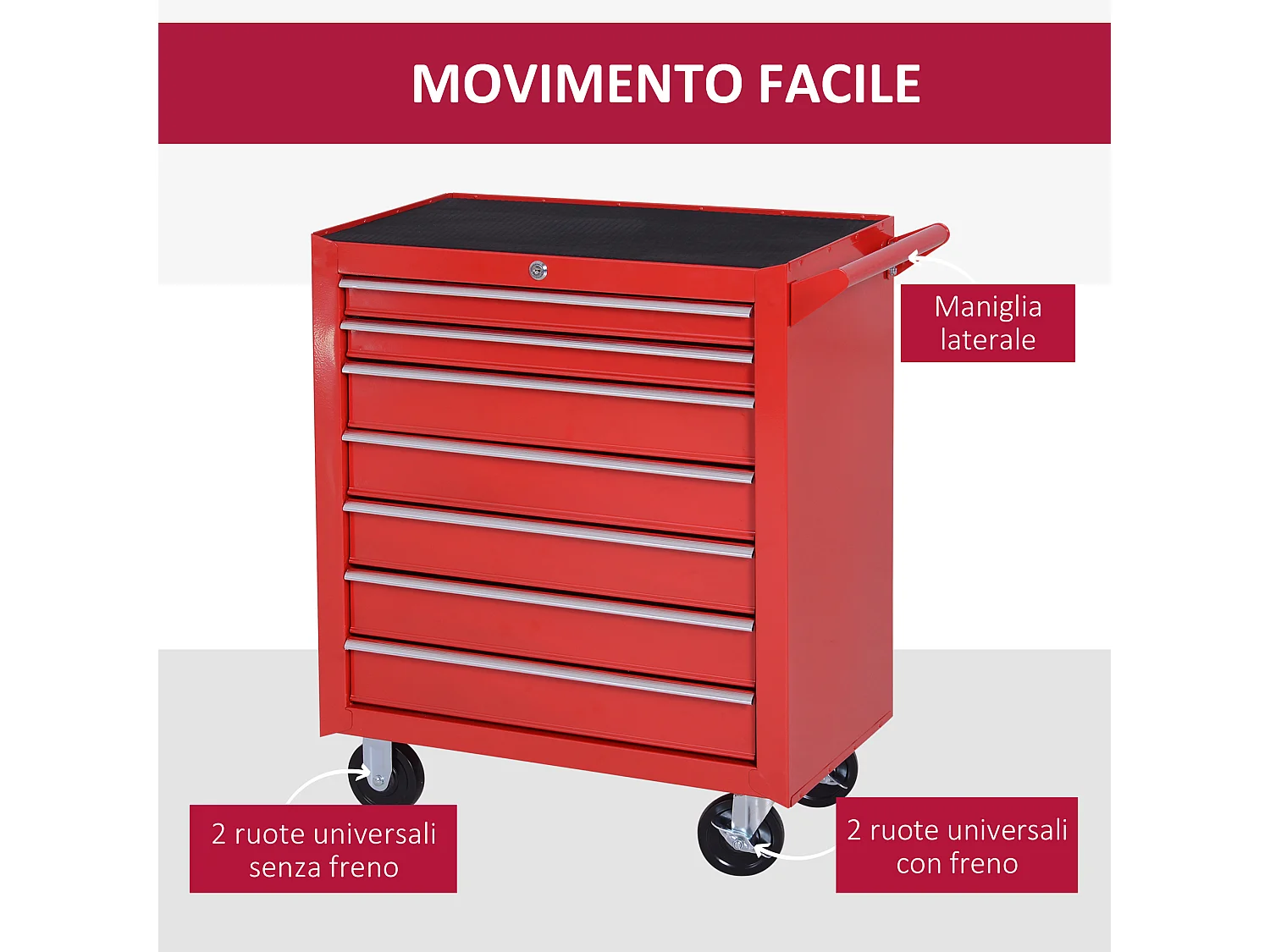 Carrello porta attrezzi con 7 cassetti, ruote con freno, rosso