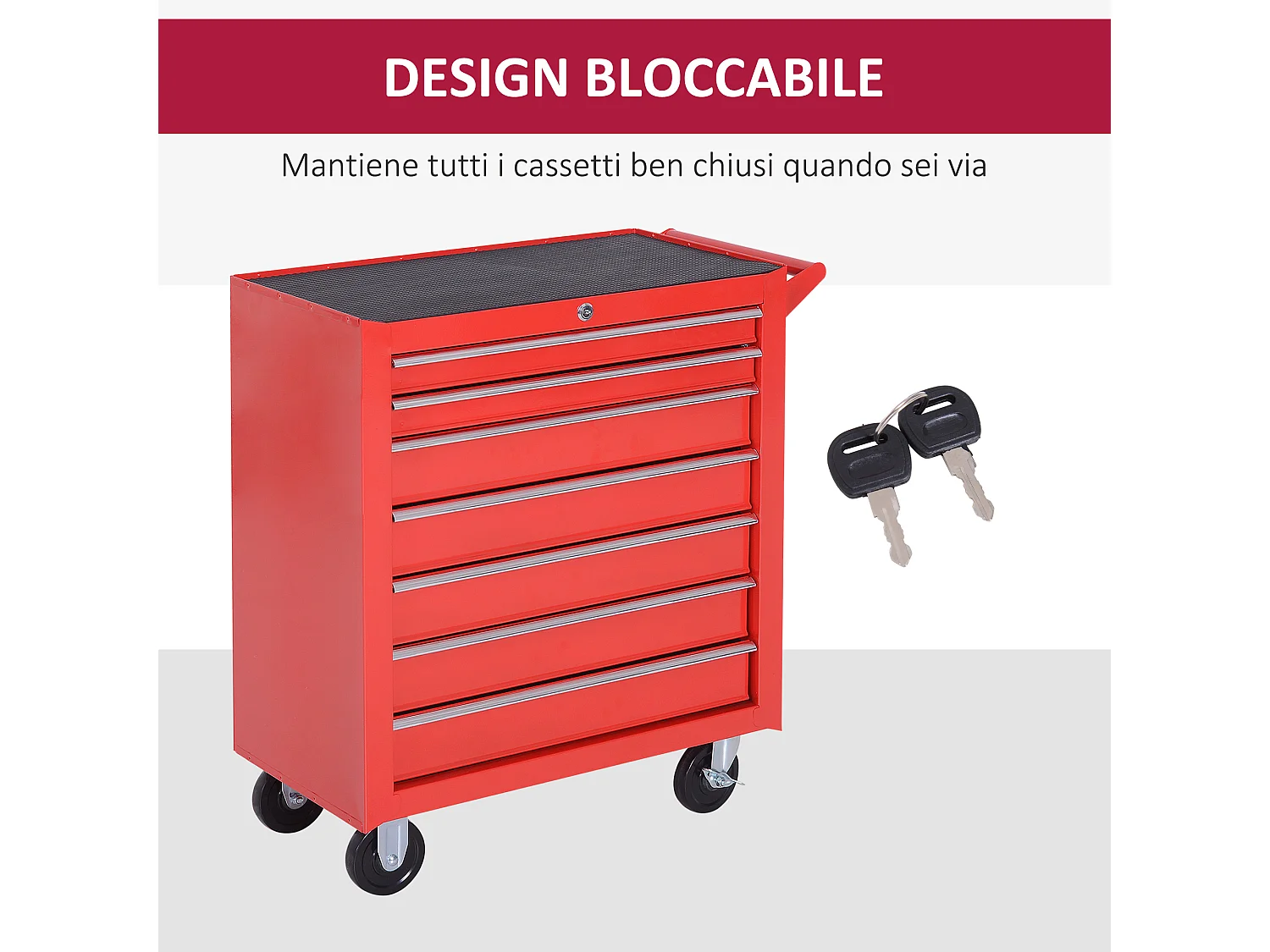 Carrello porta attrezzi con 7 cassetti, ruote con freno, rosso