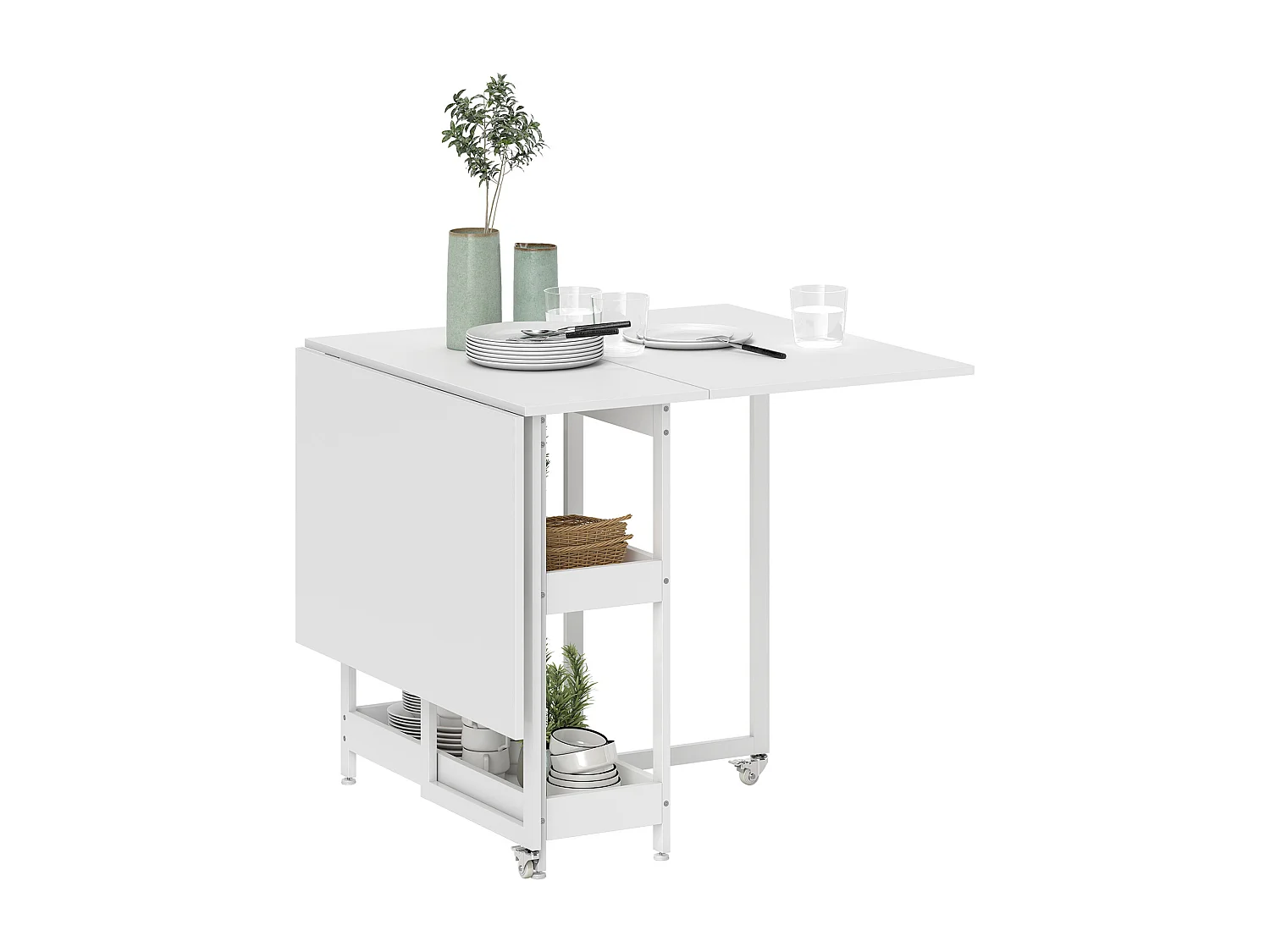 Tavolo pieghevole a 2 ribalte per 4 persone con ripiani aperti bianco