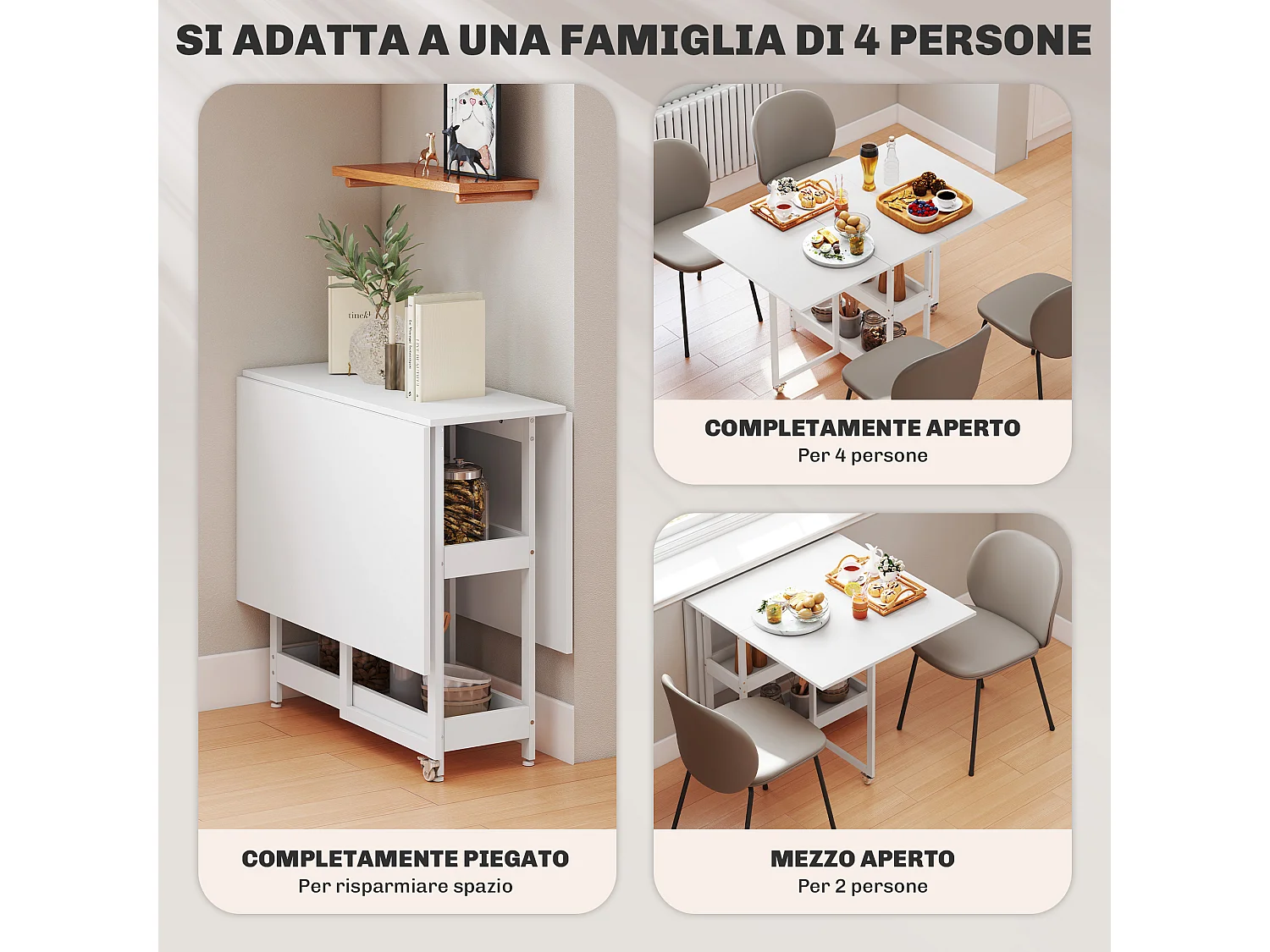 Tavolo pieghevole a 2 ribalte per 4 persone con ripiani aperti bianco