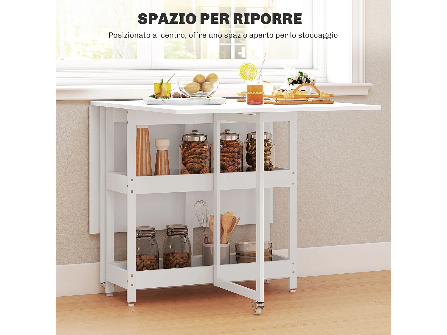 Tavolo pieghevole a 2 ribalte per 4 persone con ripiani aperti bianco