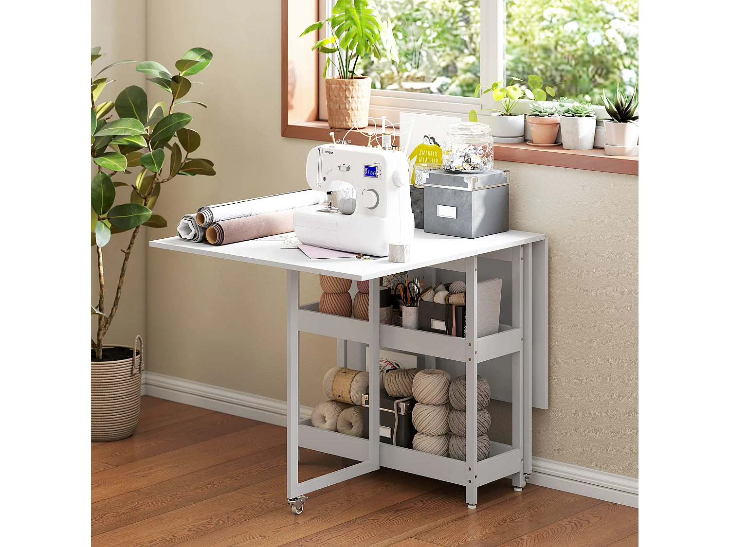 Tavolo pieghevole a 2 ribalte per 4 persone con ripiani aperti bianco