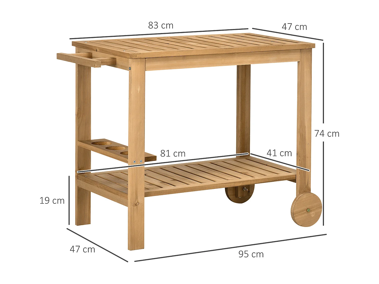 Carrello portavivande da giardino a 2 ripiani in legno di abete