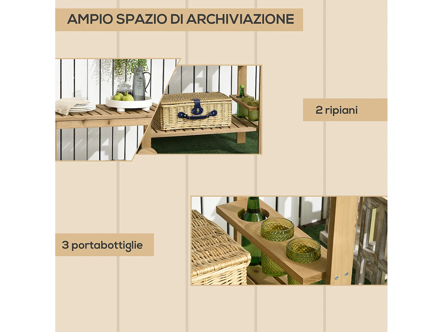 Carrello portavivande da giardino a 2 ripiani in legno di abete