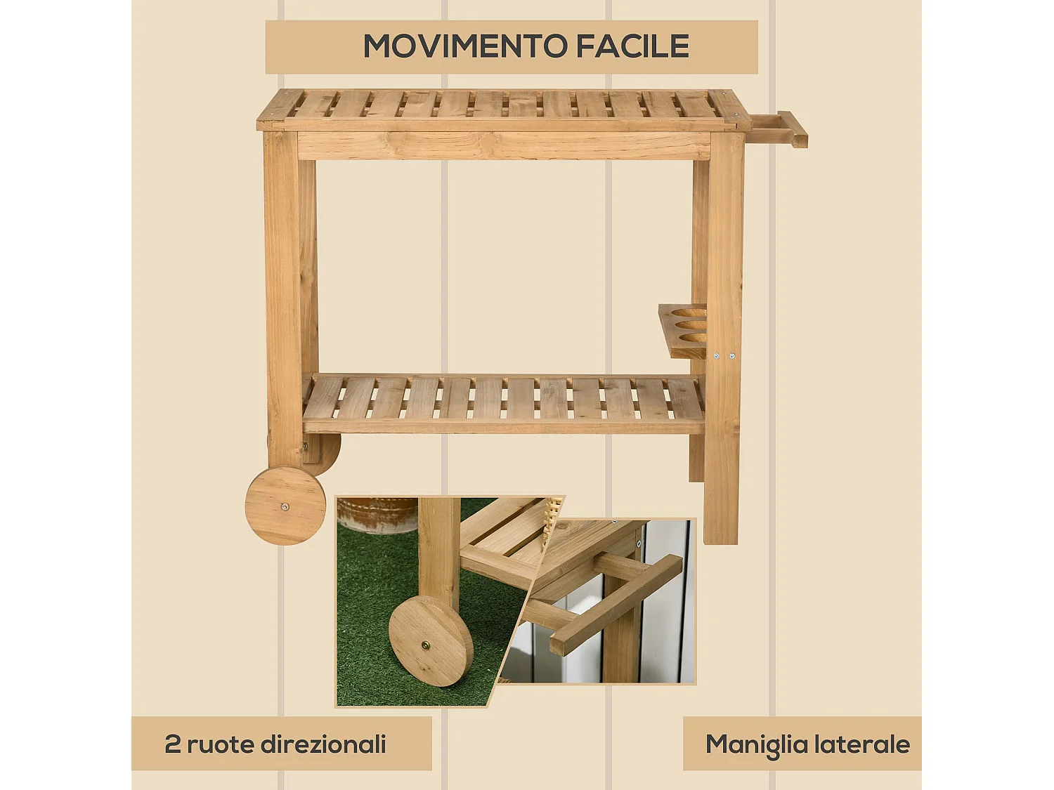 Carrello portavivande da giardino a 2 ripiani in legno di abete