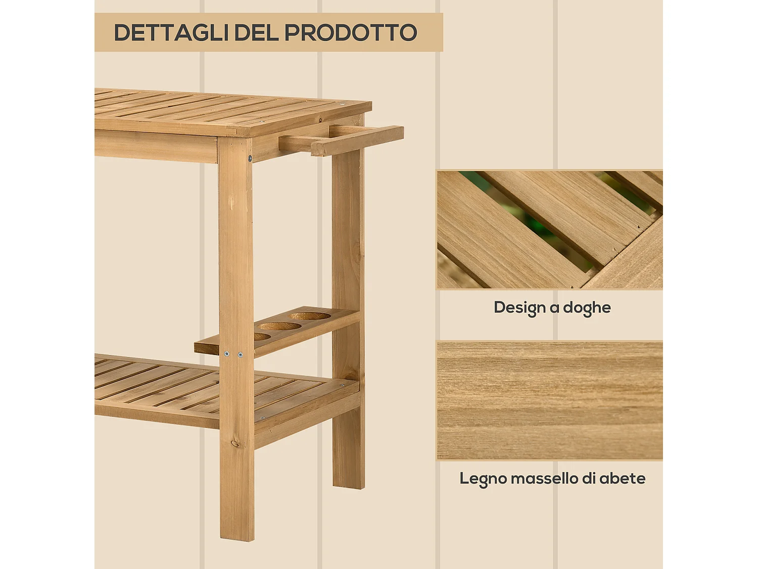 Carrello portavivande da giardino a 2 ripiani in legno di abete