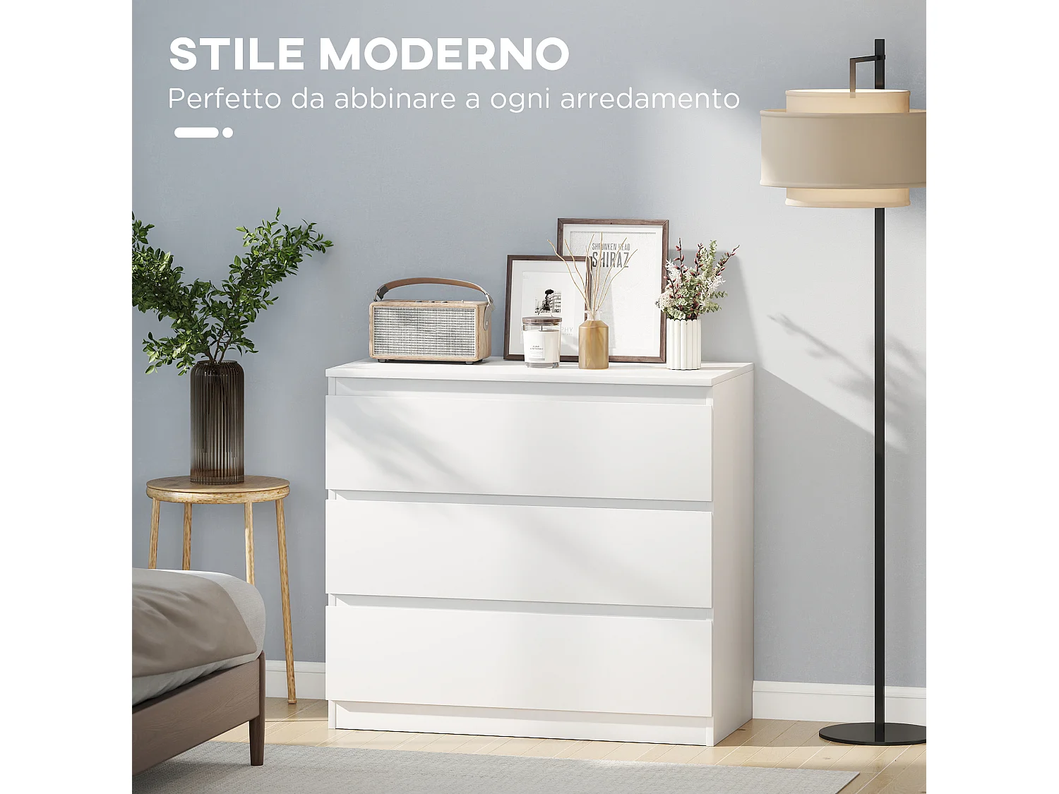 Cassettiera moderna a 3 cassetti per camera da letto bianco