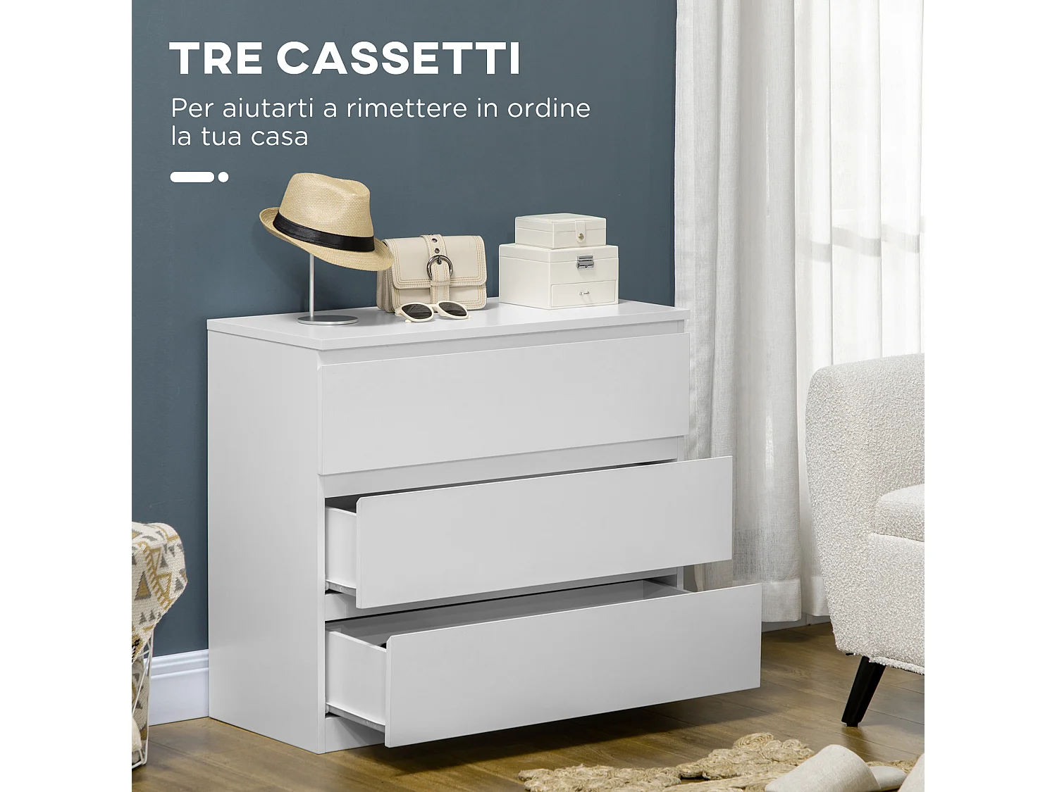 Cassettiera moderna a 3 cassetti per camera da letto bianco