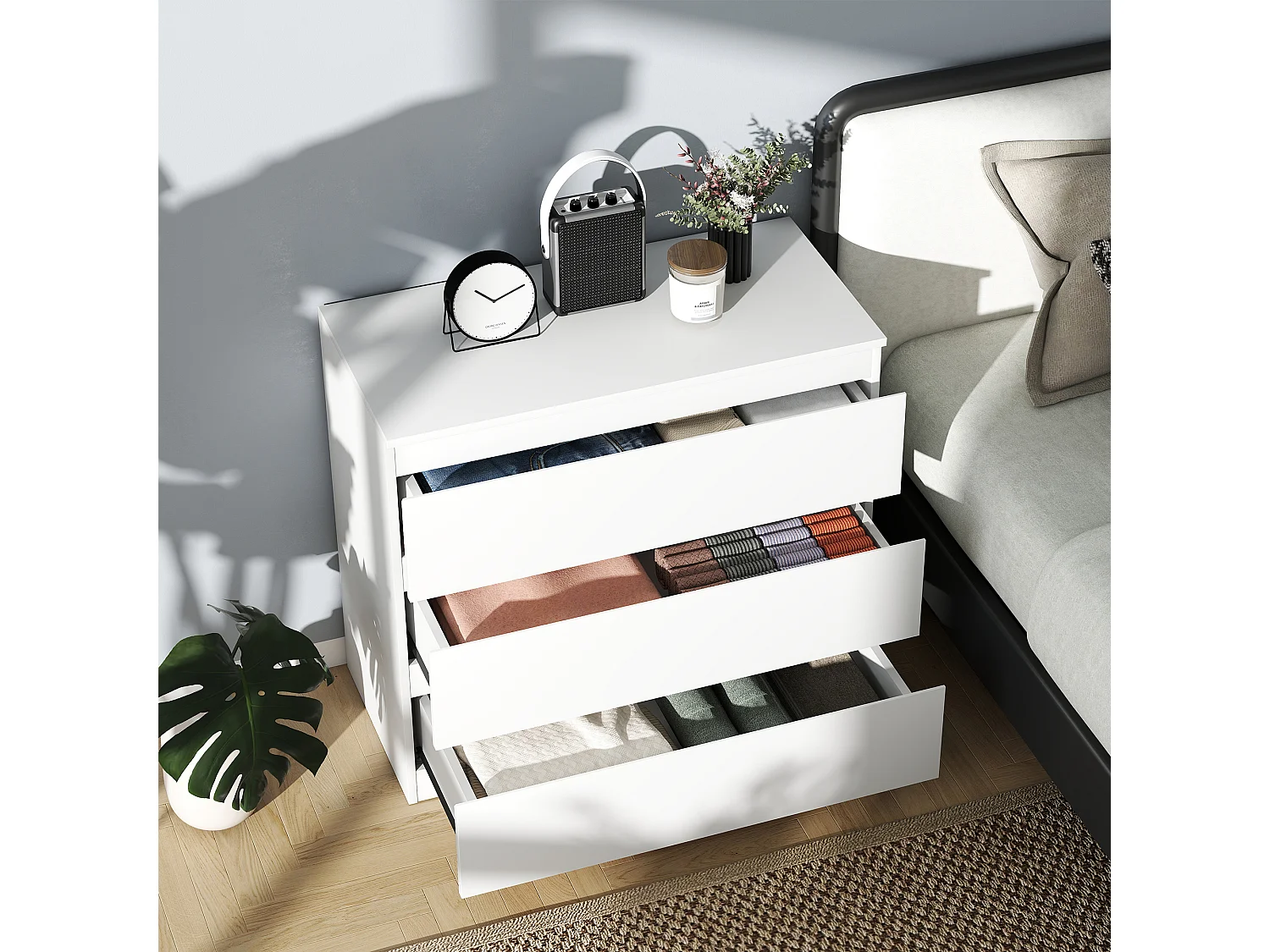 Cassettiera moderna a 3 cassetti per camera da letto bianco