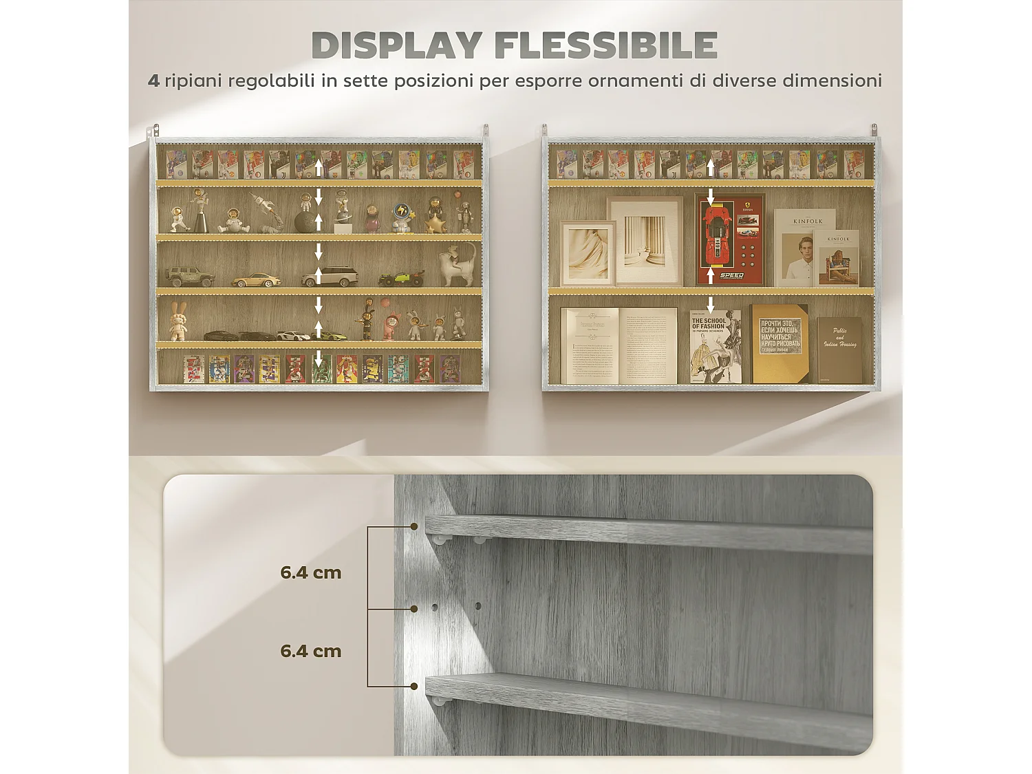 Bacheca per collezionismo a 5 livelli in legno grigio