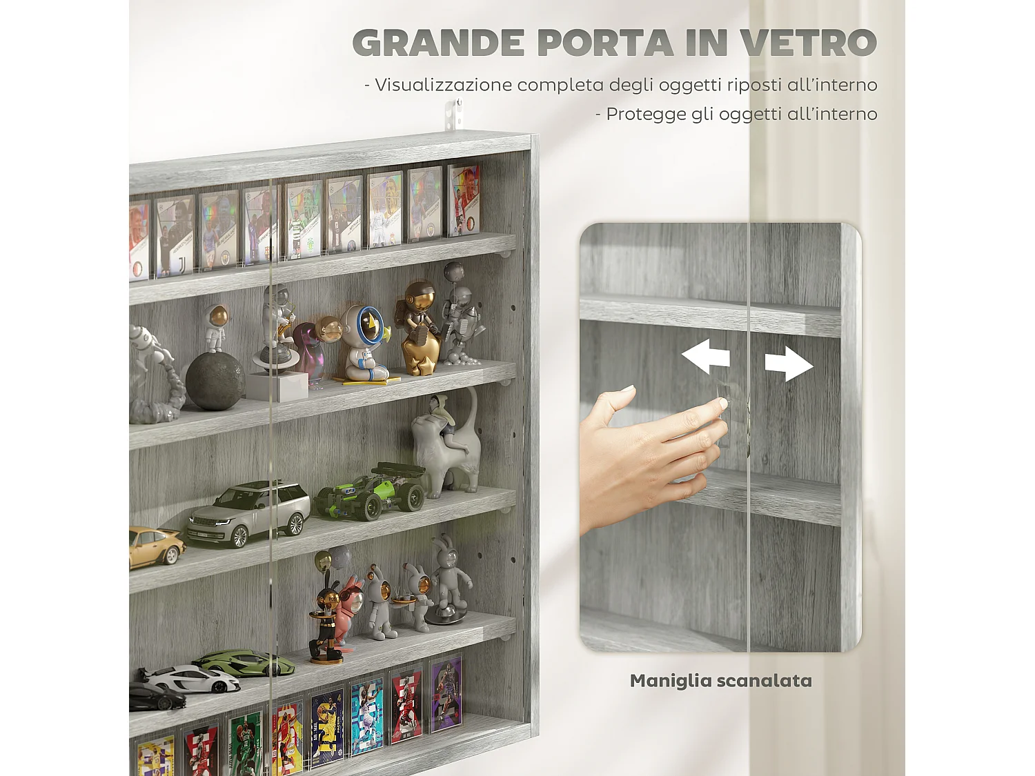 Bacheca per collezionismo a 5 livelli in legno grigio