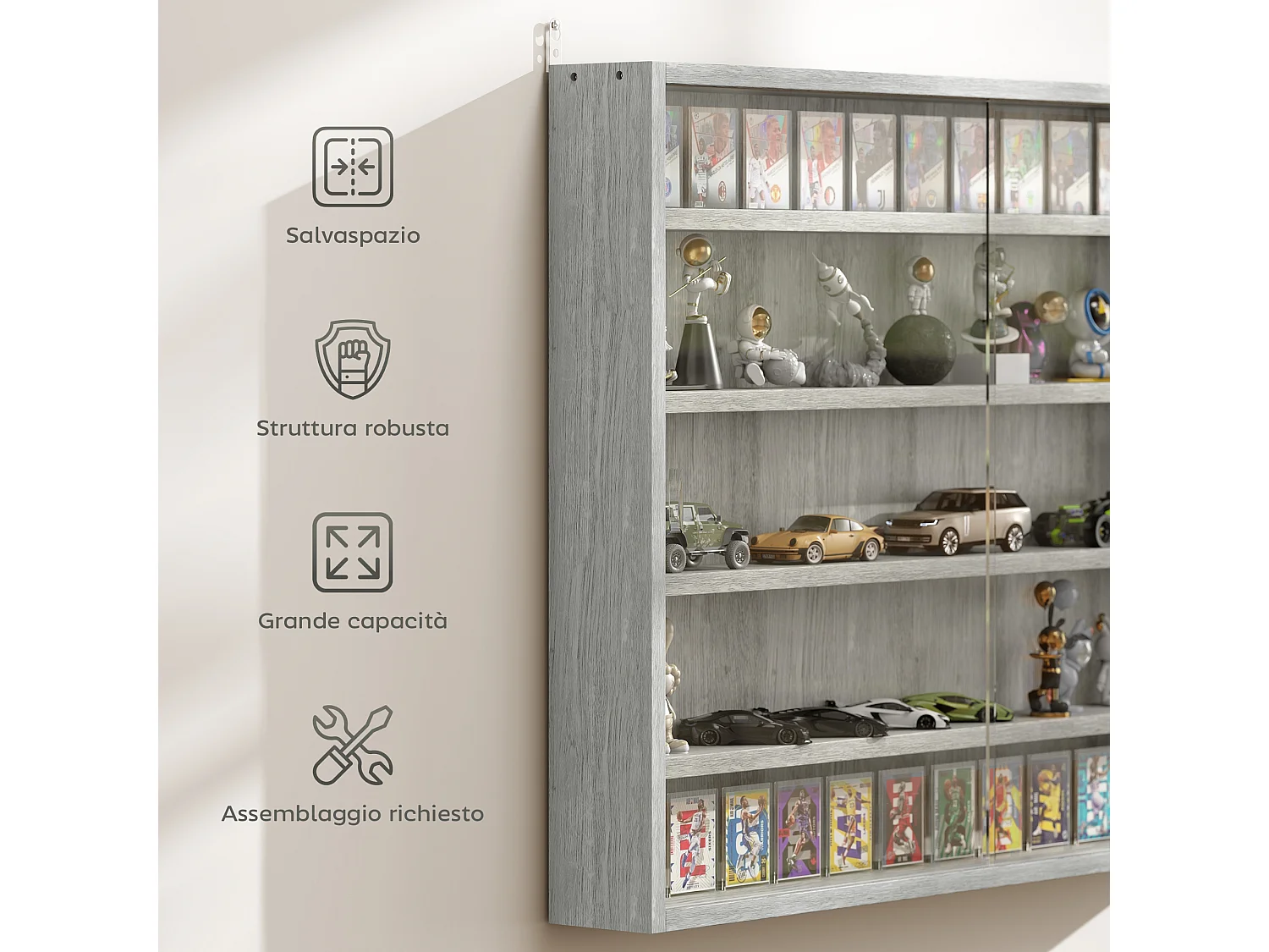 Bacheca per collezionismo a 5 livelli in legno grigio